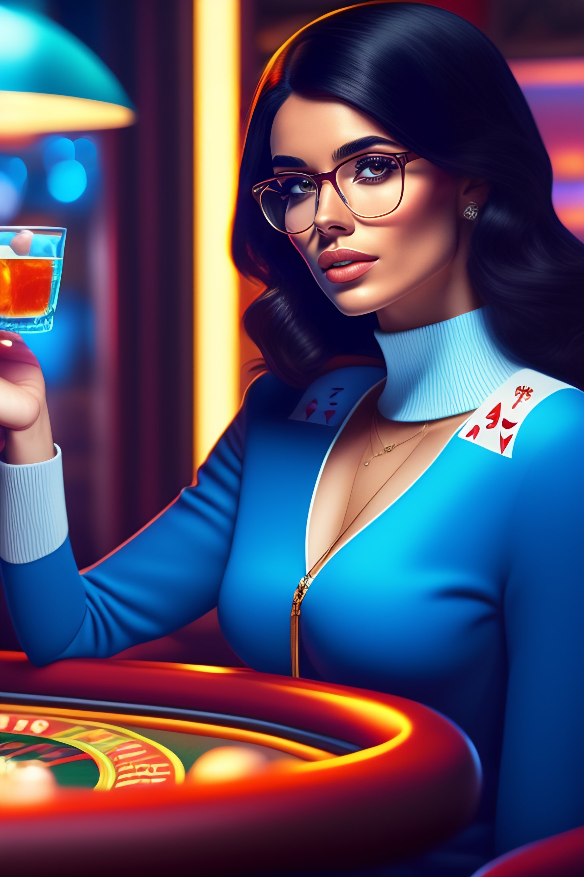 Lexica - Cute girl in blue sweater black hair black wayfarer glasses  sitting a poker table inside a casino drinking gin tonic c with background  by