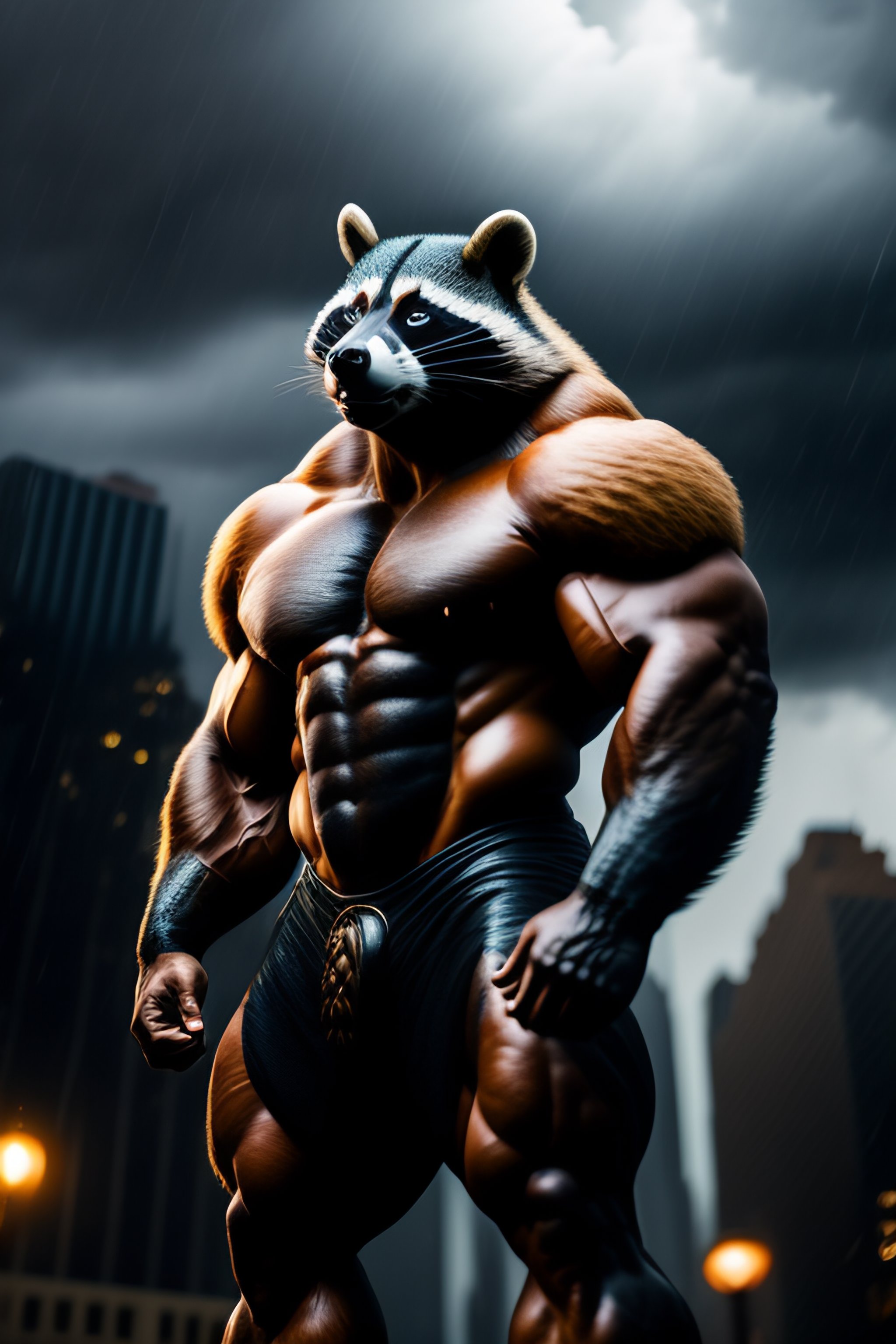 Lexica - A giant muscular racoon as tall as a building, in new york ...