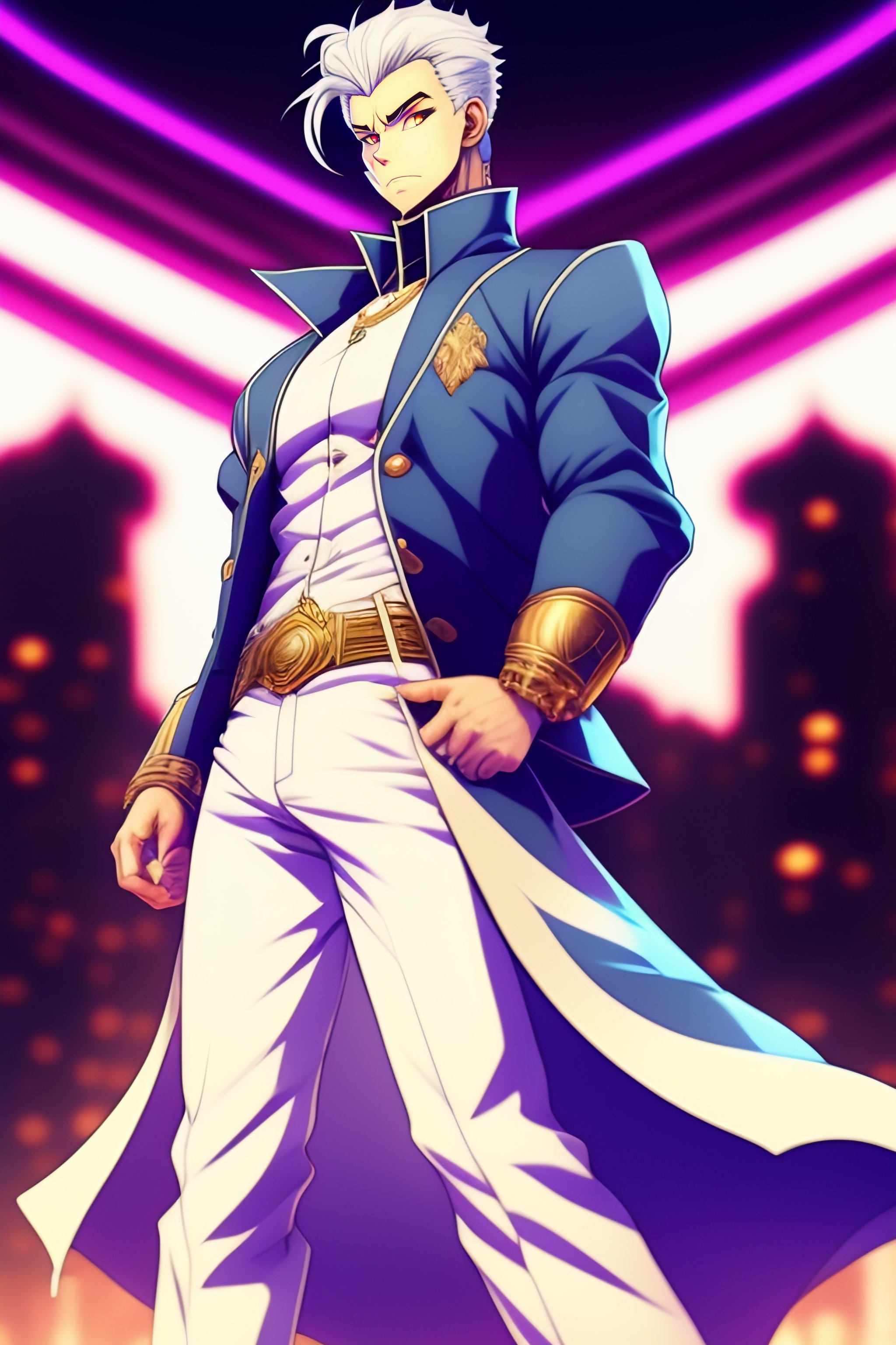 Lexica - White haired man doing a jojo pose with a blue stand