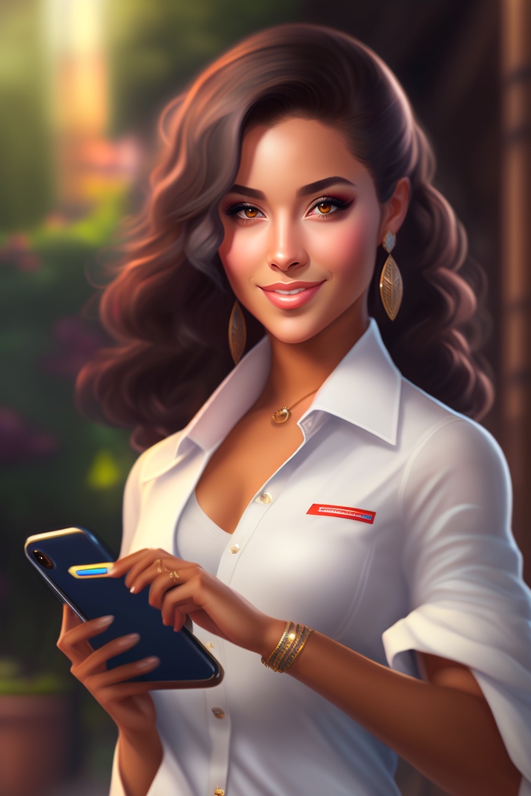 Lexica - Latin woman with white shirt, using photocheck, cell phone in ...