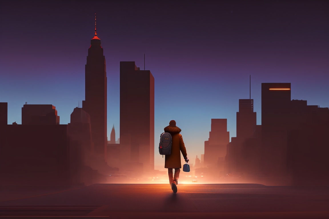 Lexica - A homeless person walking animated, city skyline, brown color ...