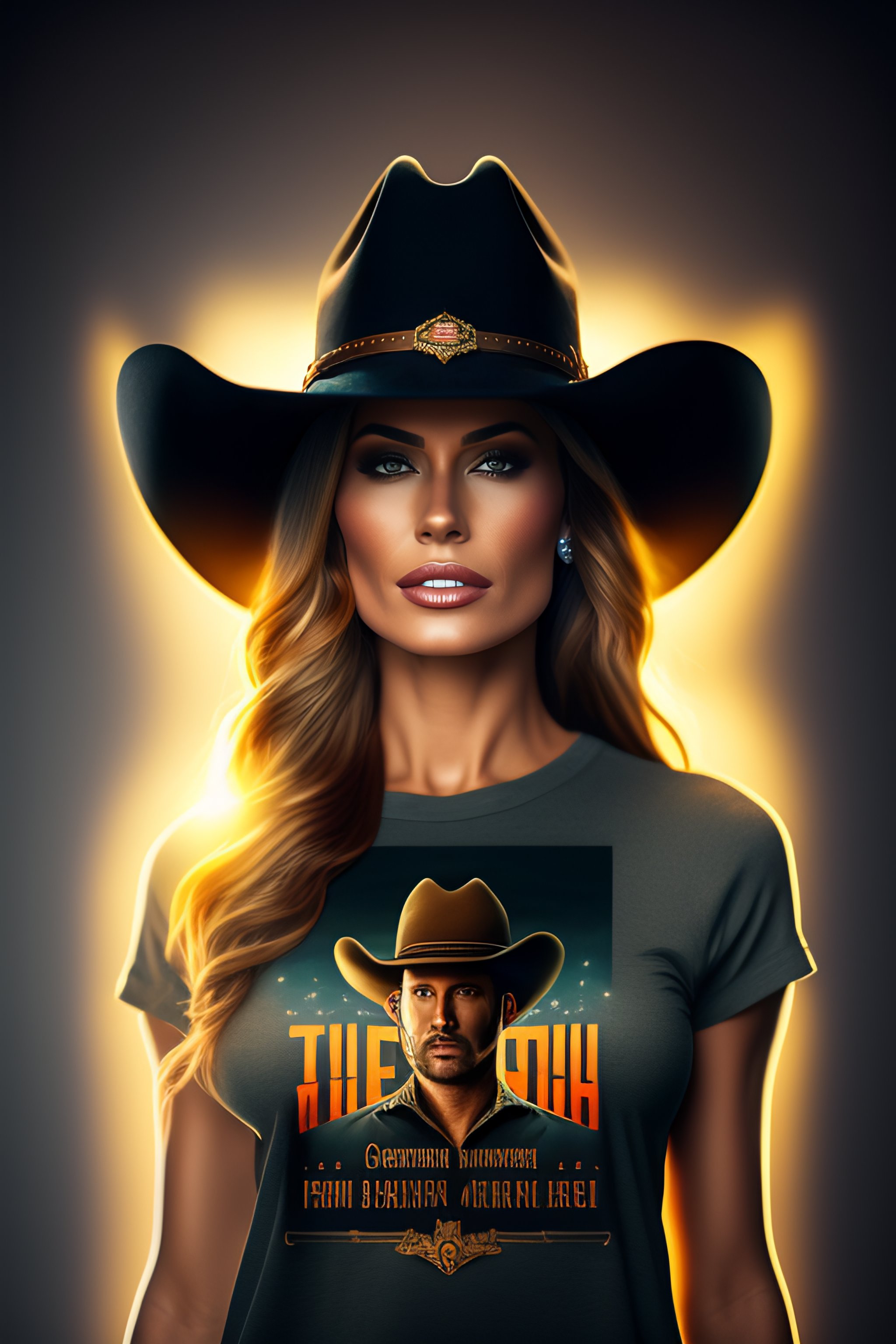 Lexica - Cowboy hat ,full body ,woman at home wearing Grey t-shirt  realistic image