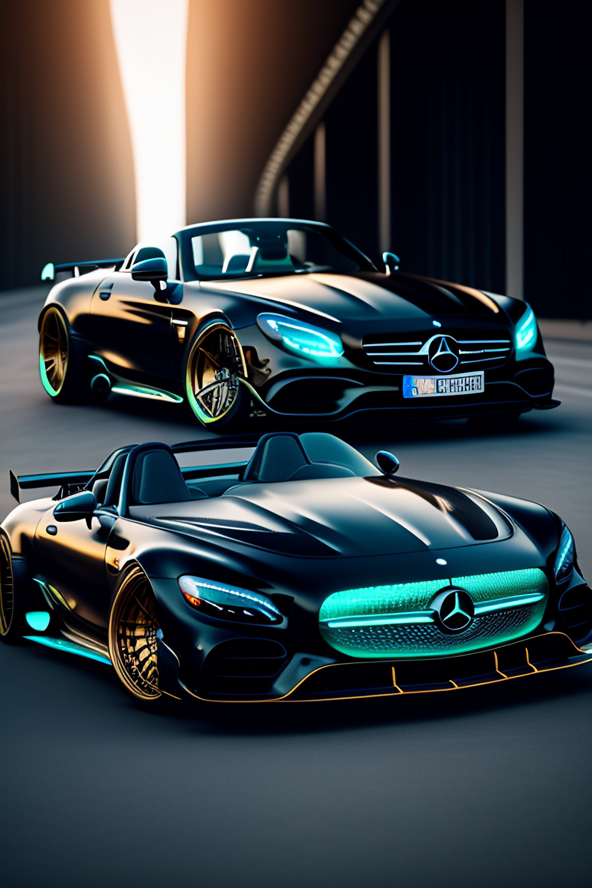 Lexica - Black teal futuristic wide body huge tires mercedes amg spider ...