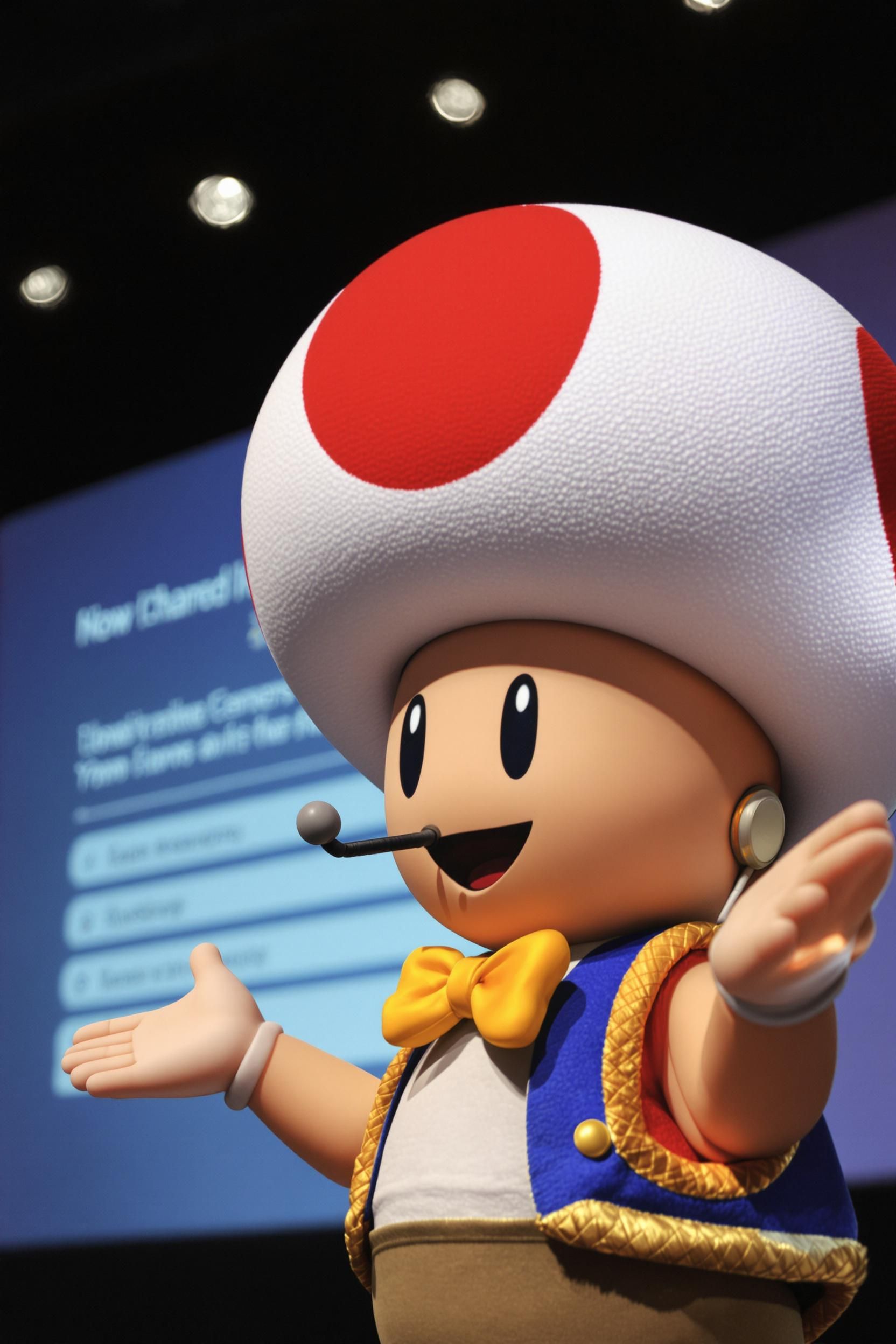 Lexica - Toad from mario presents a TED talk, behind him you can see ...