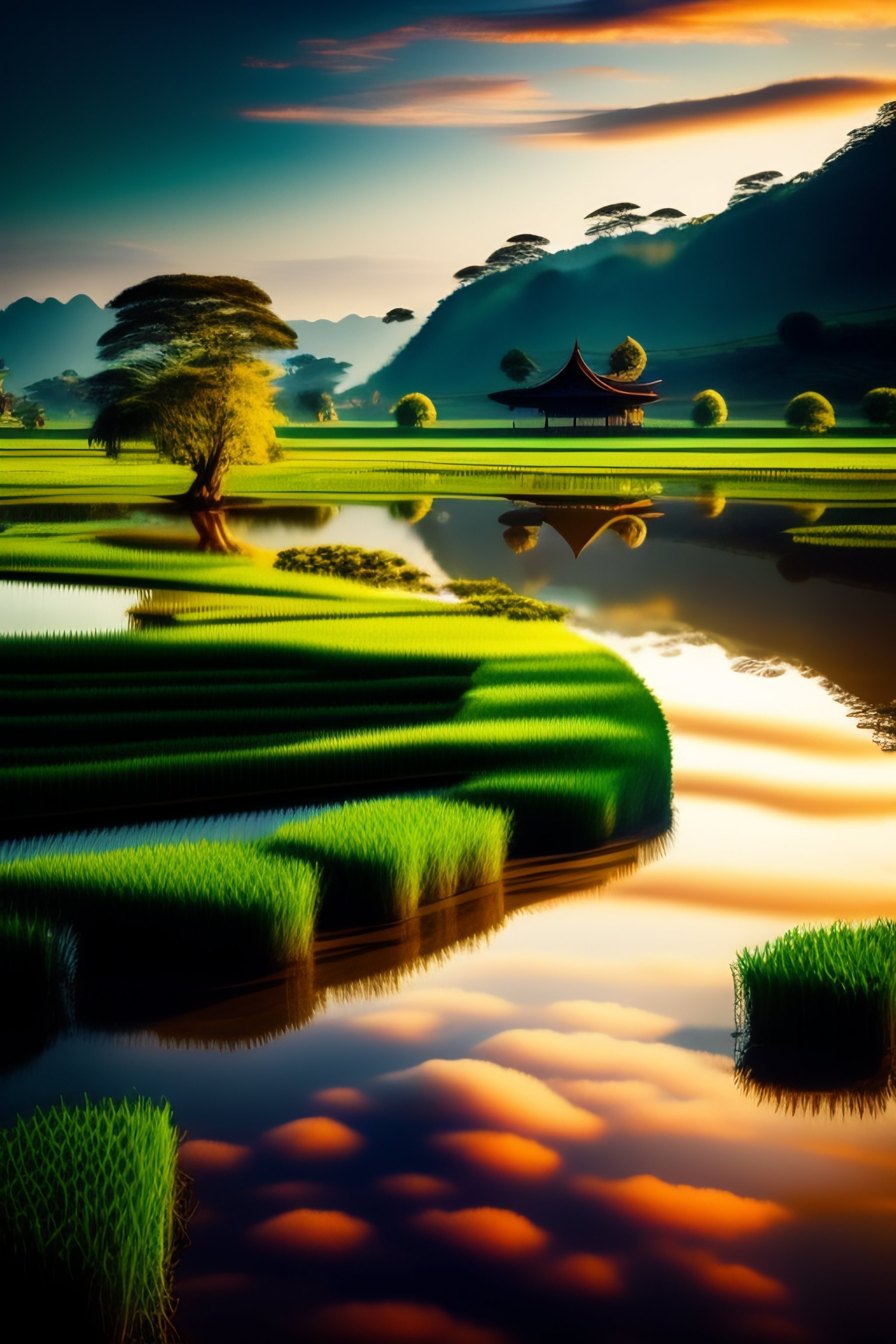Lexica - A beatiful paddy field in asia , with shrine in the back ...