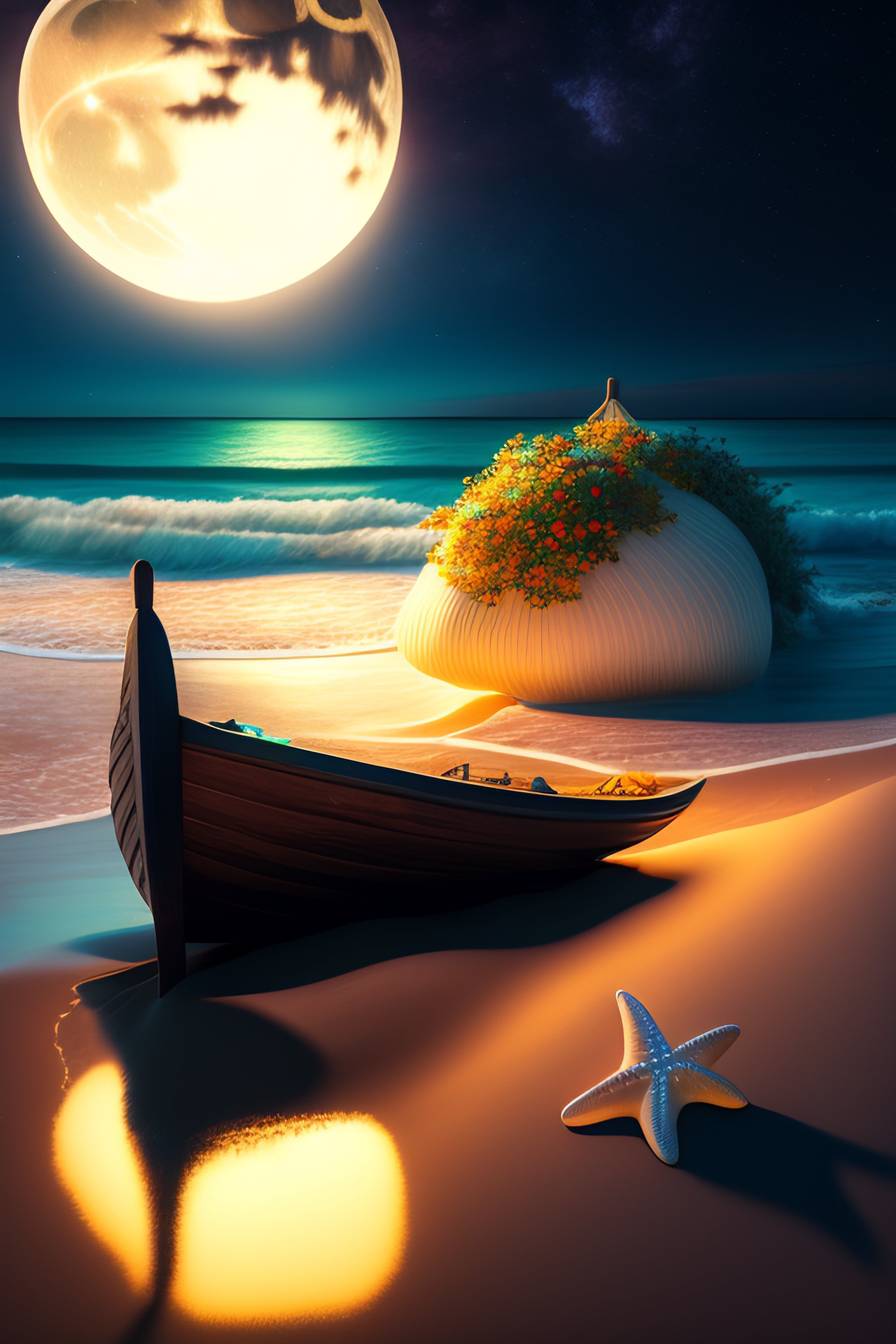 Lexica - Beautiful small wooden boats on the sand with wreath of white ...