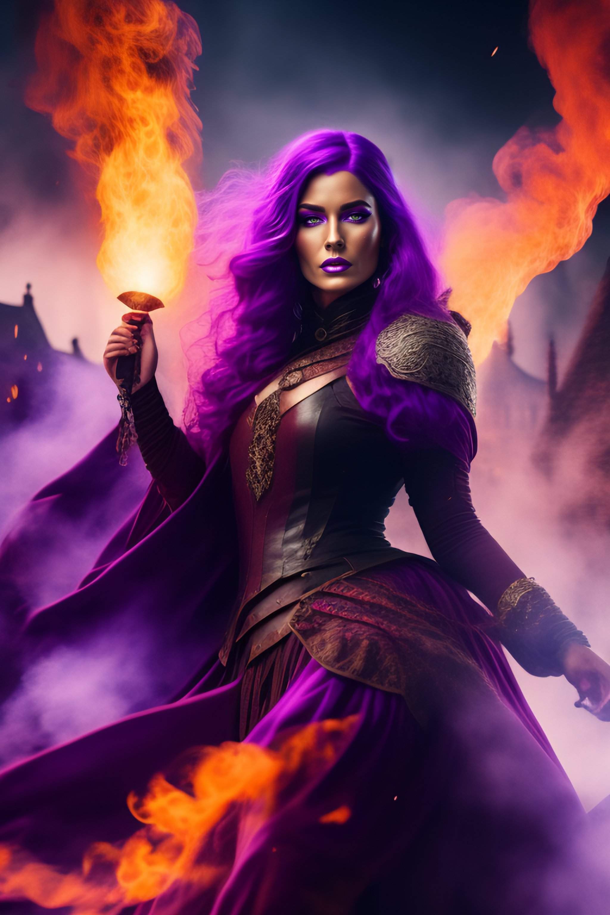 Lexica Witch medieval clothes purple hair evil flying