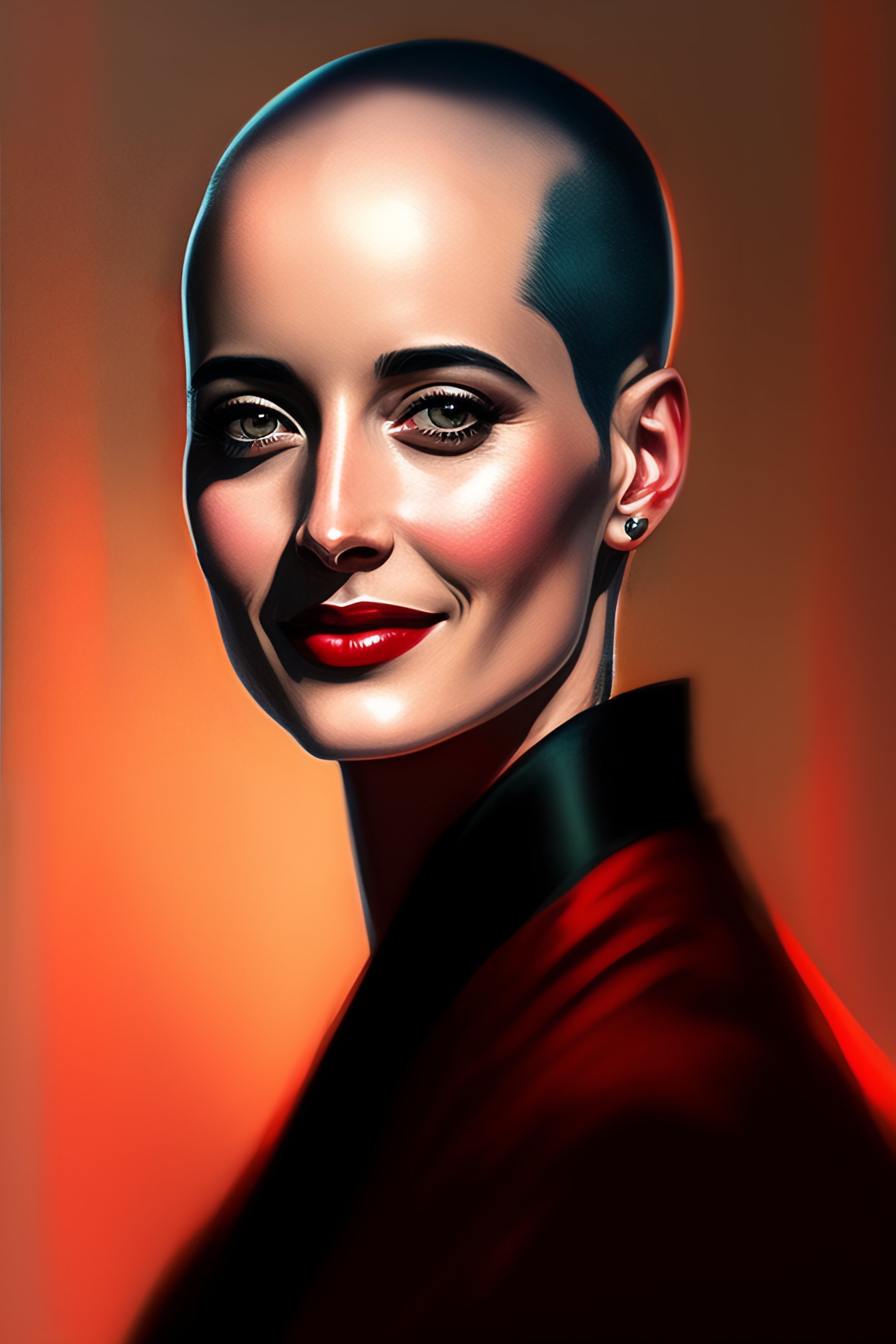 Lexica - Bald young pale woman, eva green, bald, hairless, dark red and  black robes, sly smile, noble, closed eyes, jewelry, highly detailed, soft  fe...