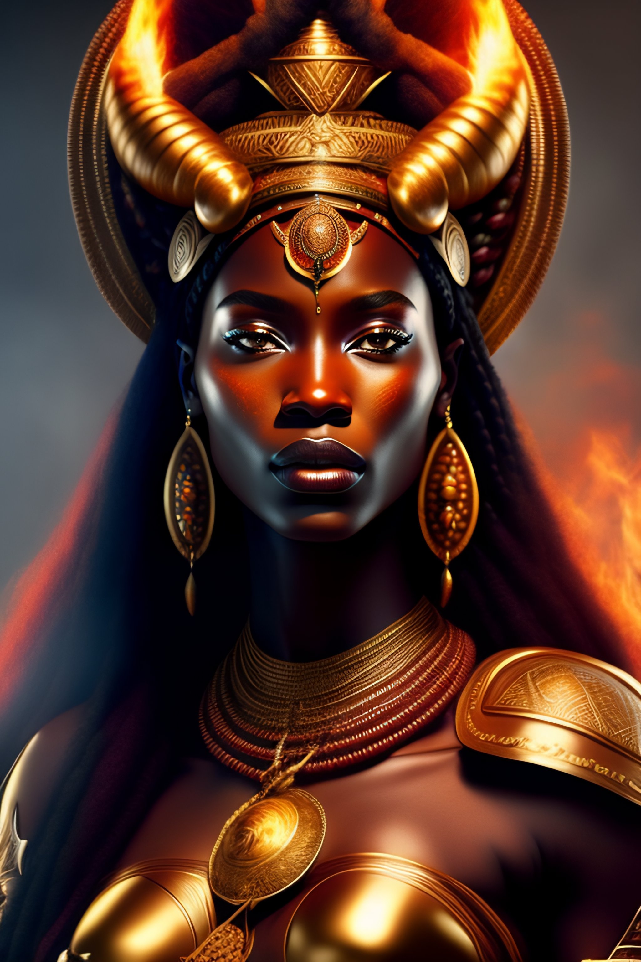 Lexica - Beautiful African woman goddess of war, background with fire ...