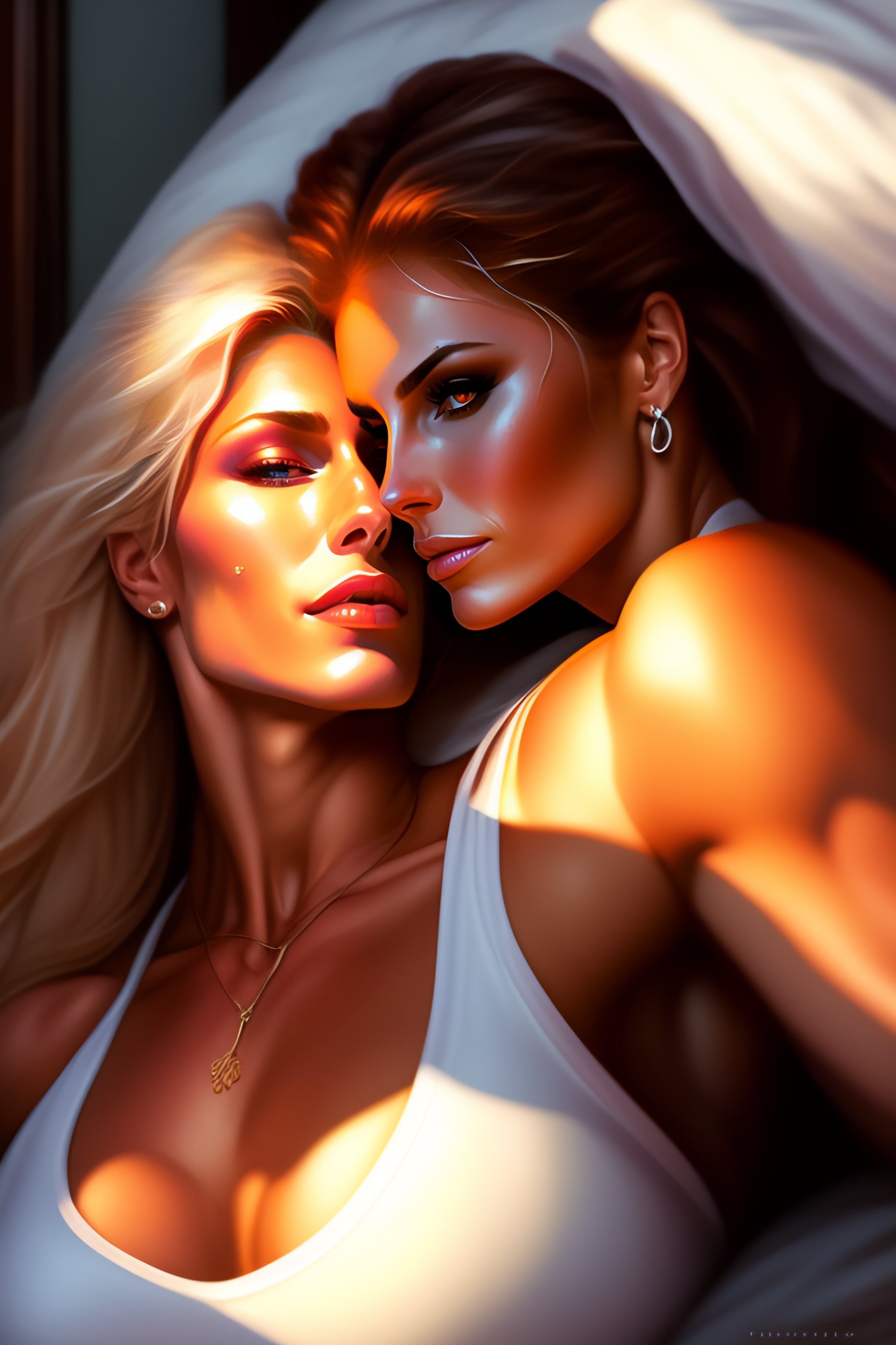 Lexica - Two thin muscular beautiful woman torrie wilson and Trish stratus  kissing, clothed, laying in bed, sharp details, sharp focus, elegant,  high...