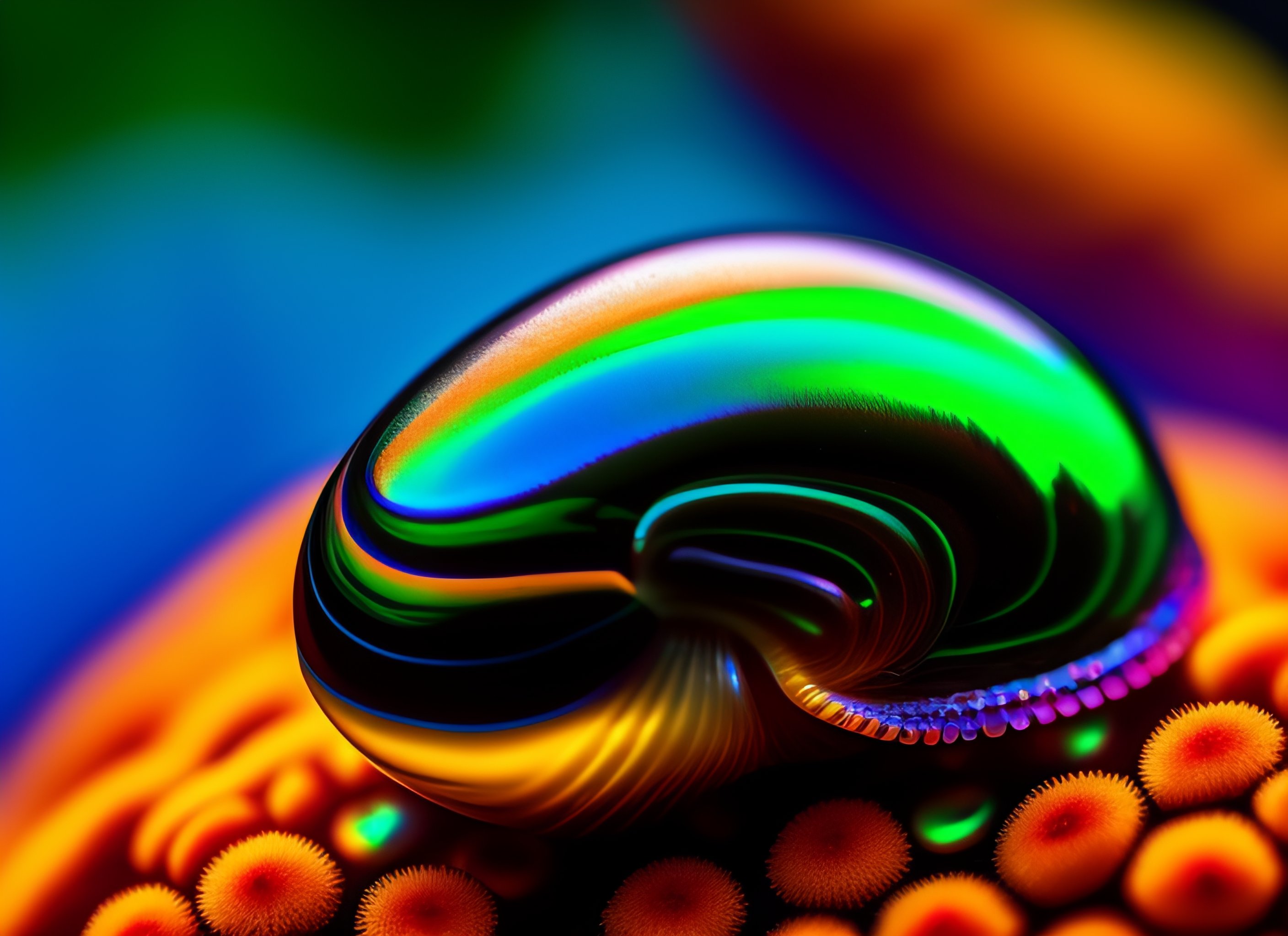 Lexica A photograph of a glossy iridescent black snail, eye stalks, thin stalks, swirling, low