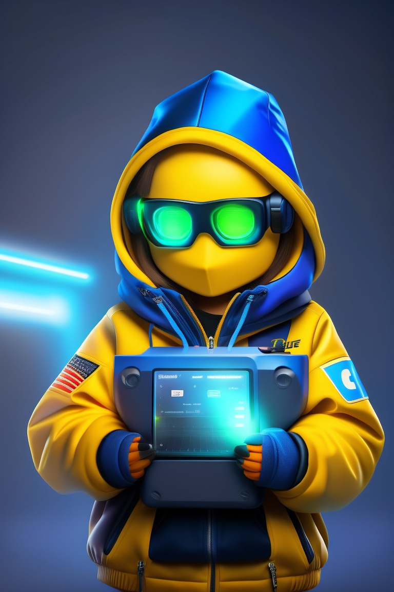 Lexica - Girl robot, octagon glasses, yellow hoodie, blue and black ...
