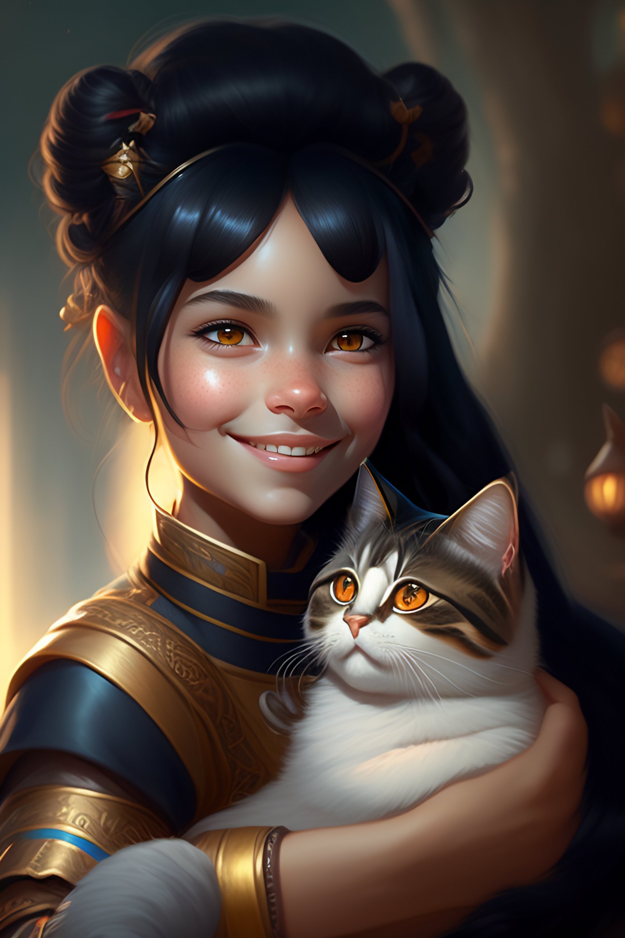 Lexica - A detailed portrait of a cute black hair girl hugging a tabby ...