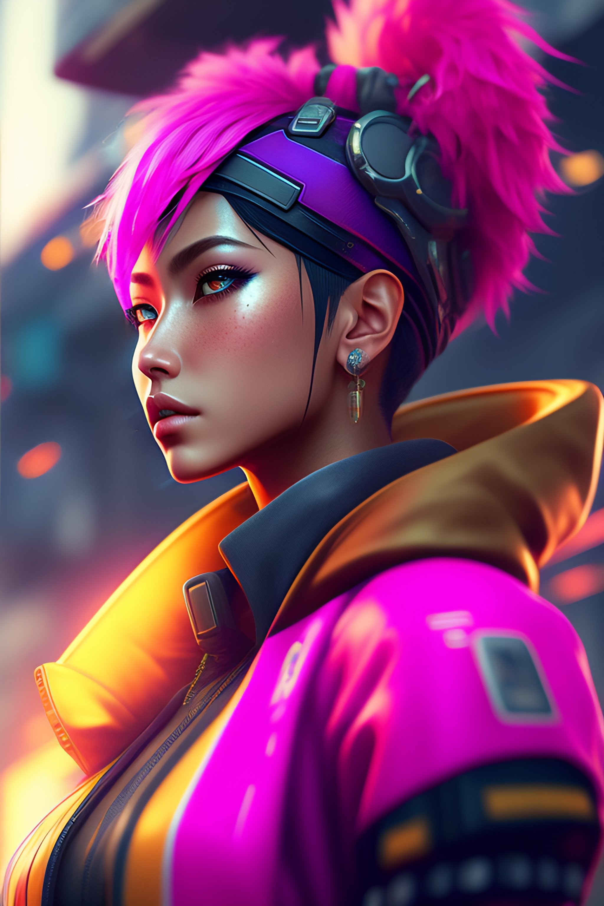 Lexica - Mech Punk clothes with short pink hair girl, battle