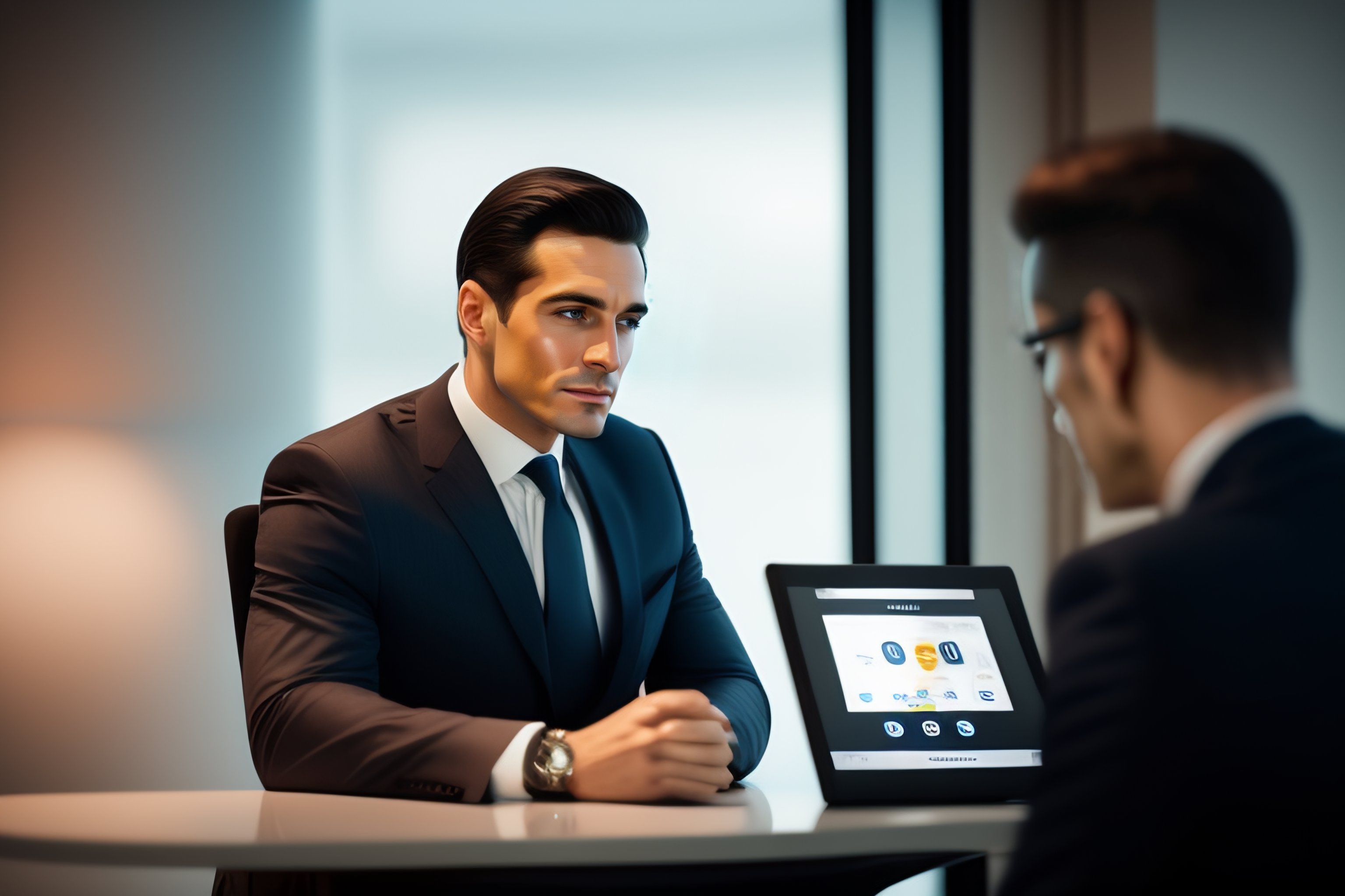 Lexica - A man in a suit talk with a robot with a computer