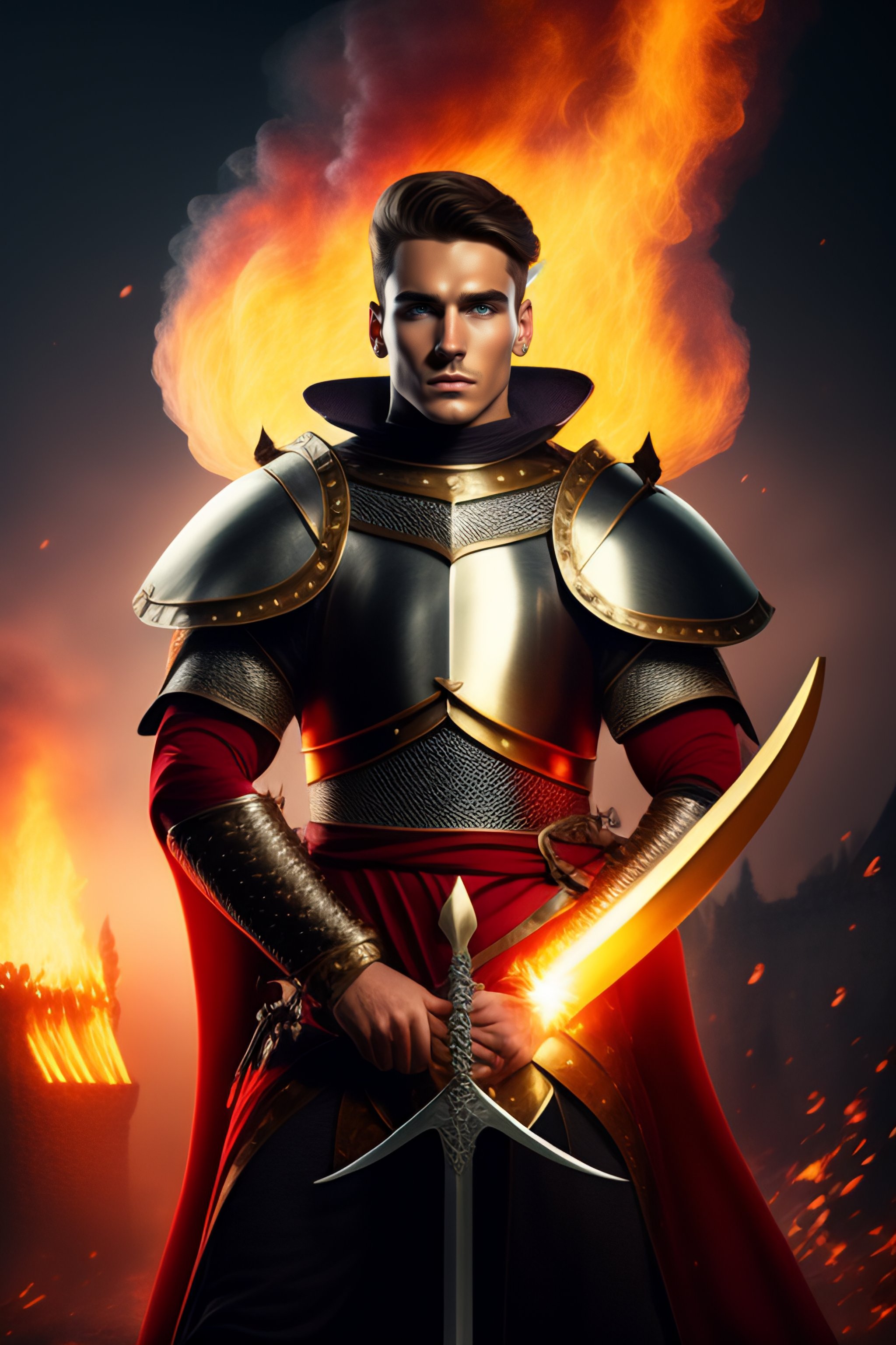 Lexica - A young man dressed like a Medieval Knight holding a sword in ...