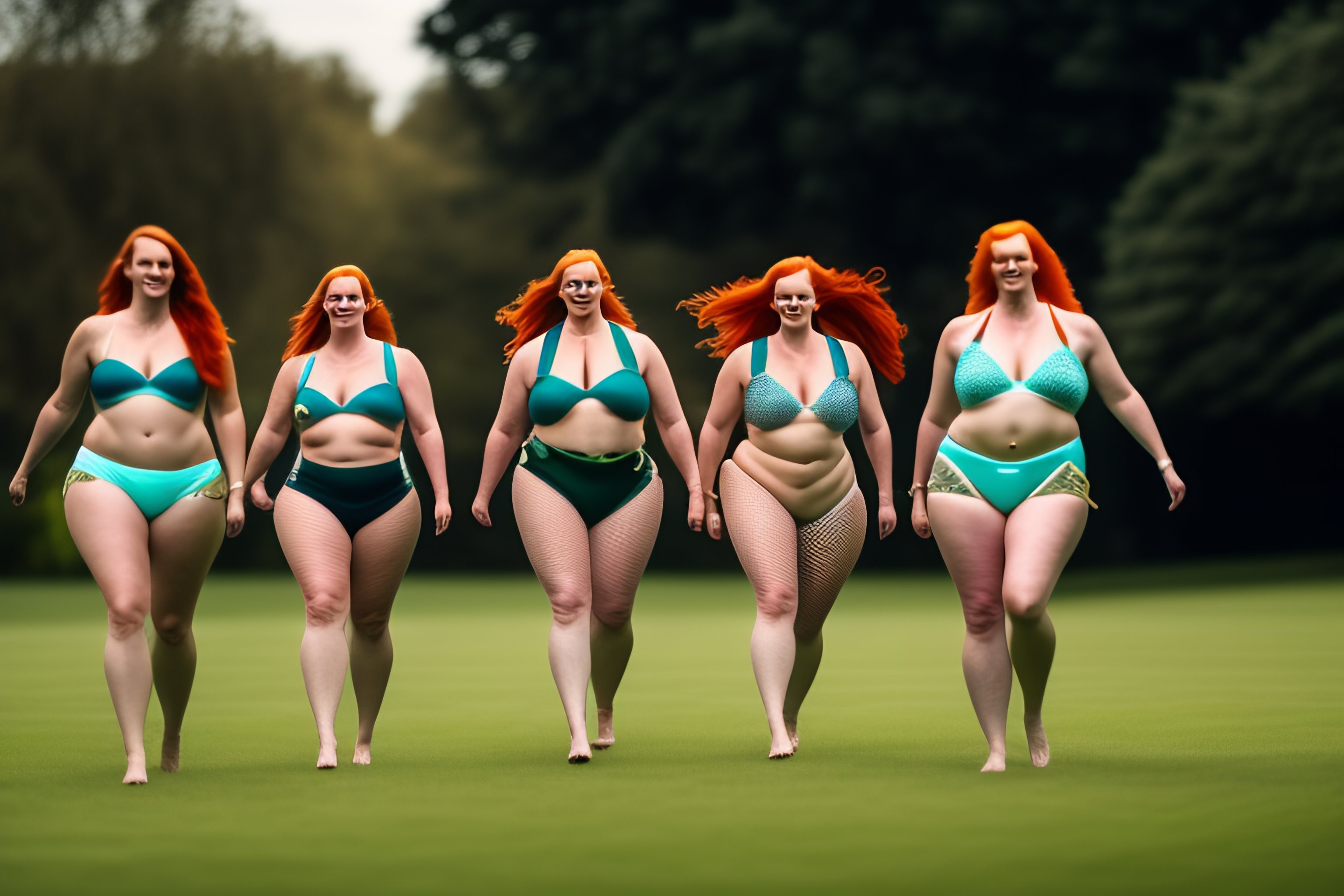 Lexica - A group of symmetrical smiling plus size redhead woman dressed in  mesh string bikinis walking on lawn full height long legs doing the splits