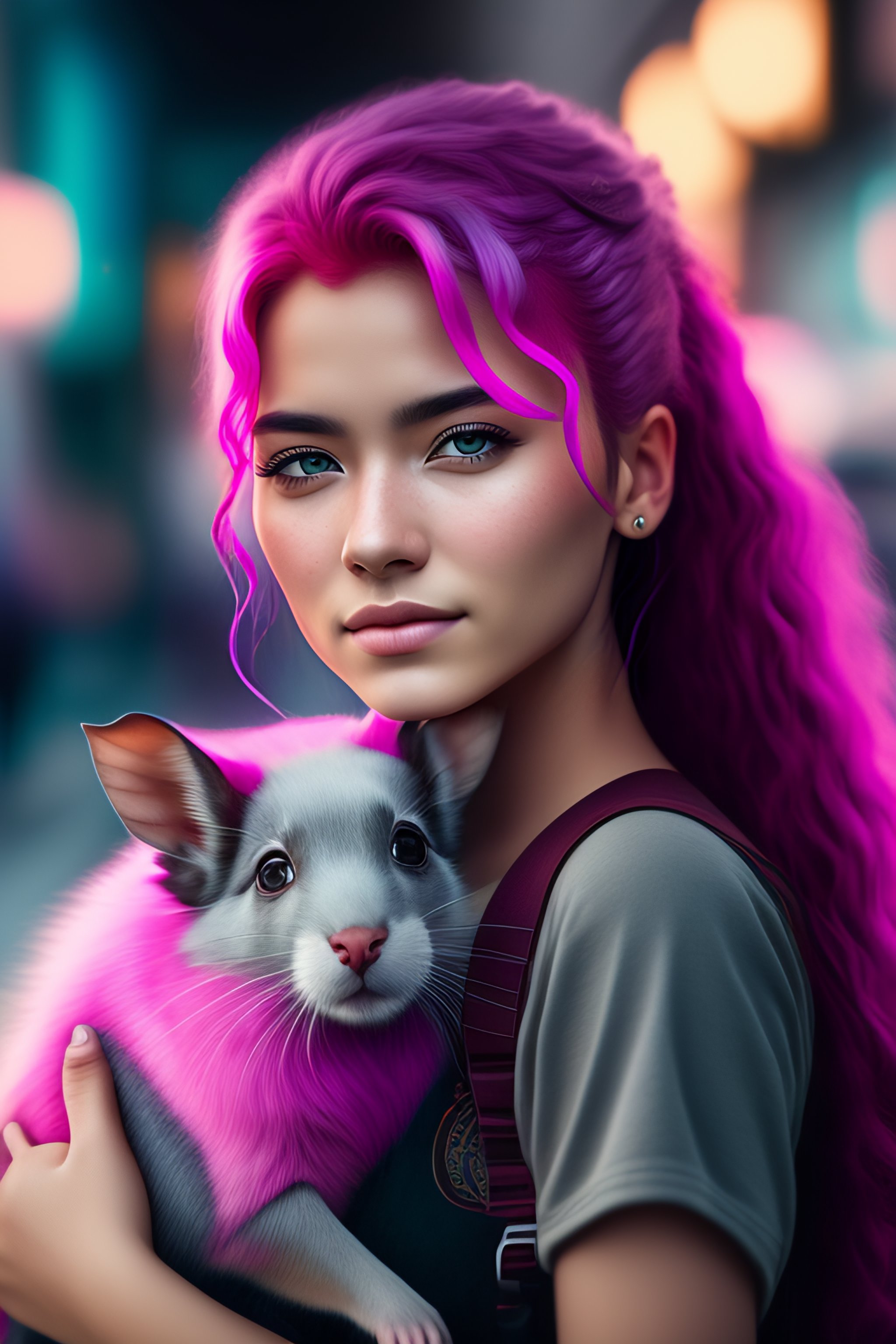 Lexica - Portrait of a girl with pink hair and gray eyes holding a rat ...