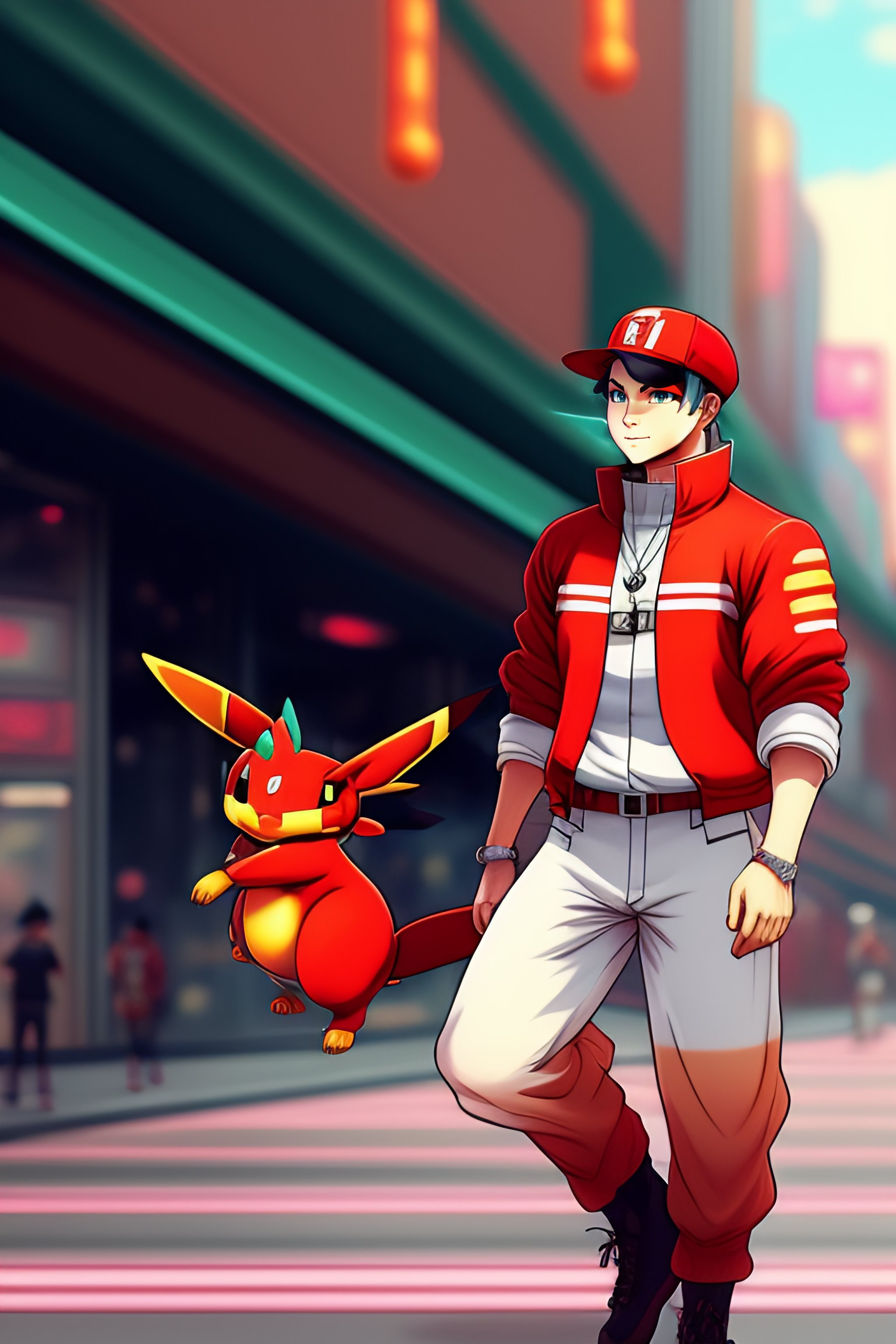 Lexica - A picture of a full body male pokemon trainer in red with a flying  charizard in a neo punk city, color full, highly detailed