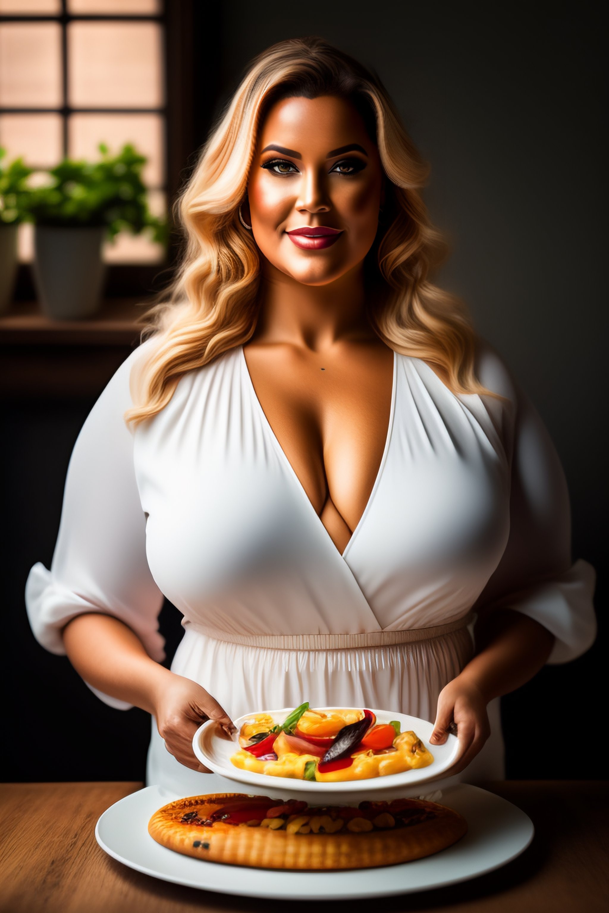 Lexica - Full-figured shapely Swedish woman wearing a tight and revealing  shirt, serving food