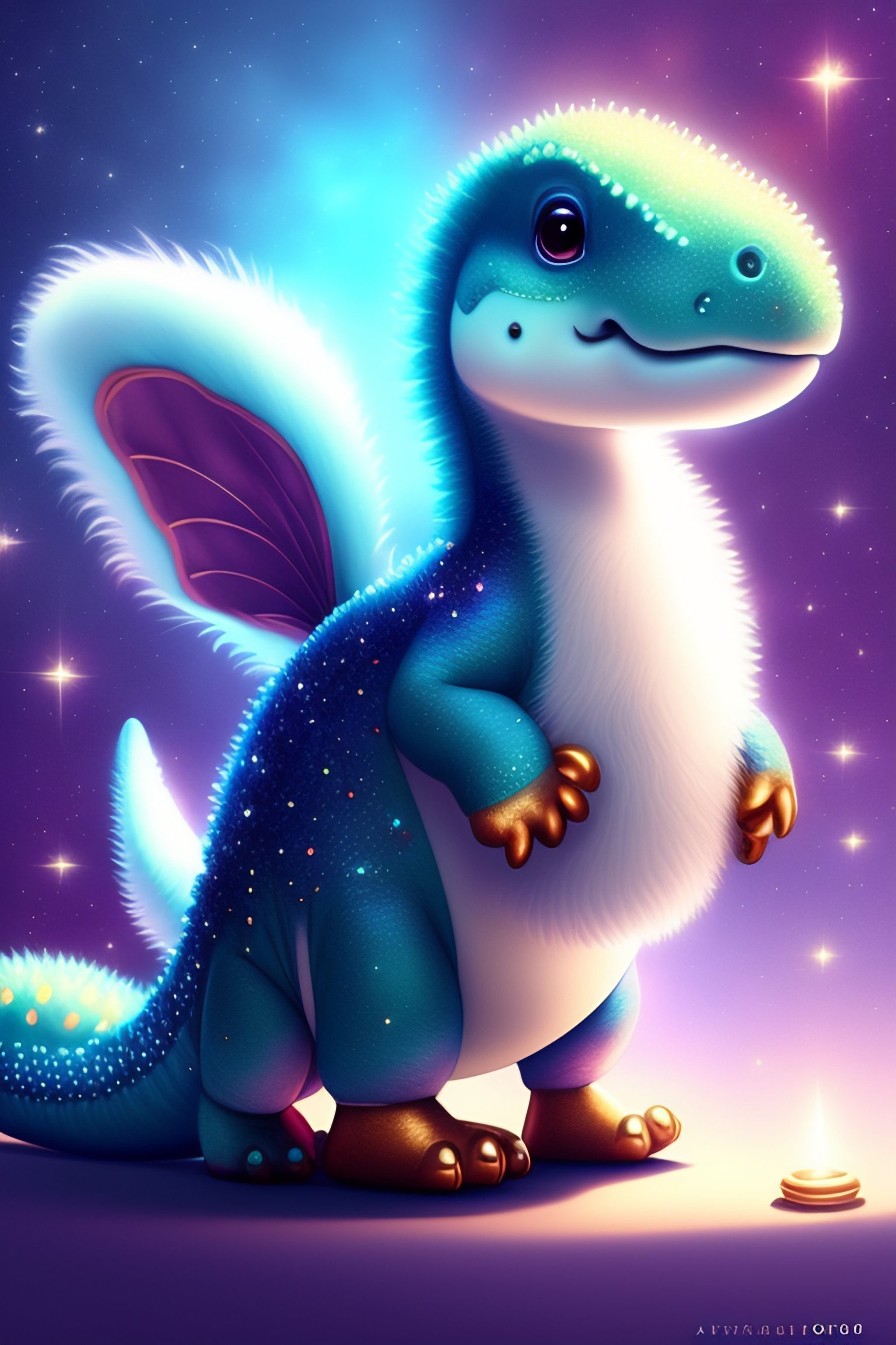 Lexica CUTE AND ADORABLE CARTOON FLUFFY dinosaur, SILVER, GLITTER, TREASURE, DREAMLIKE