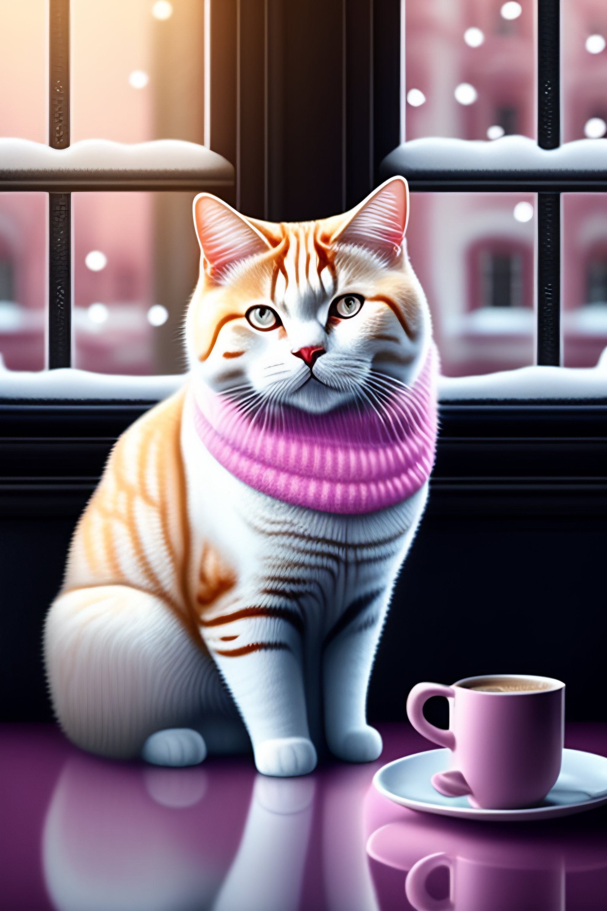 Lexica - White british shorthair fully detailed sitting in a cafe ...