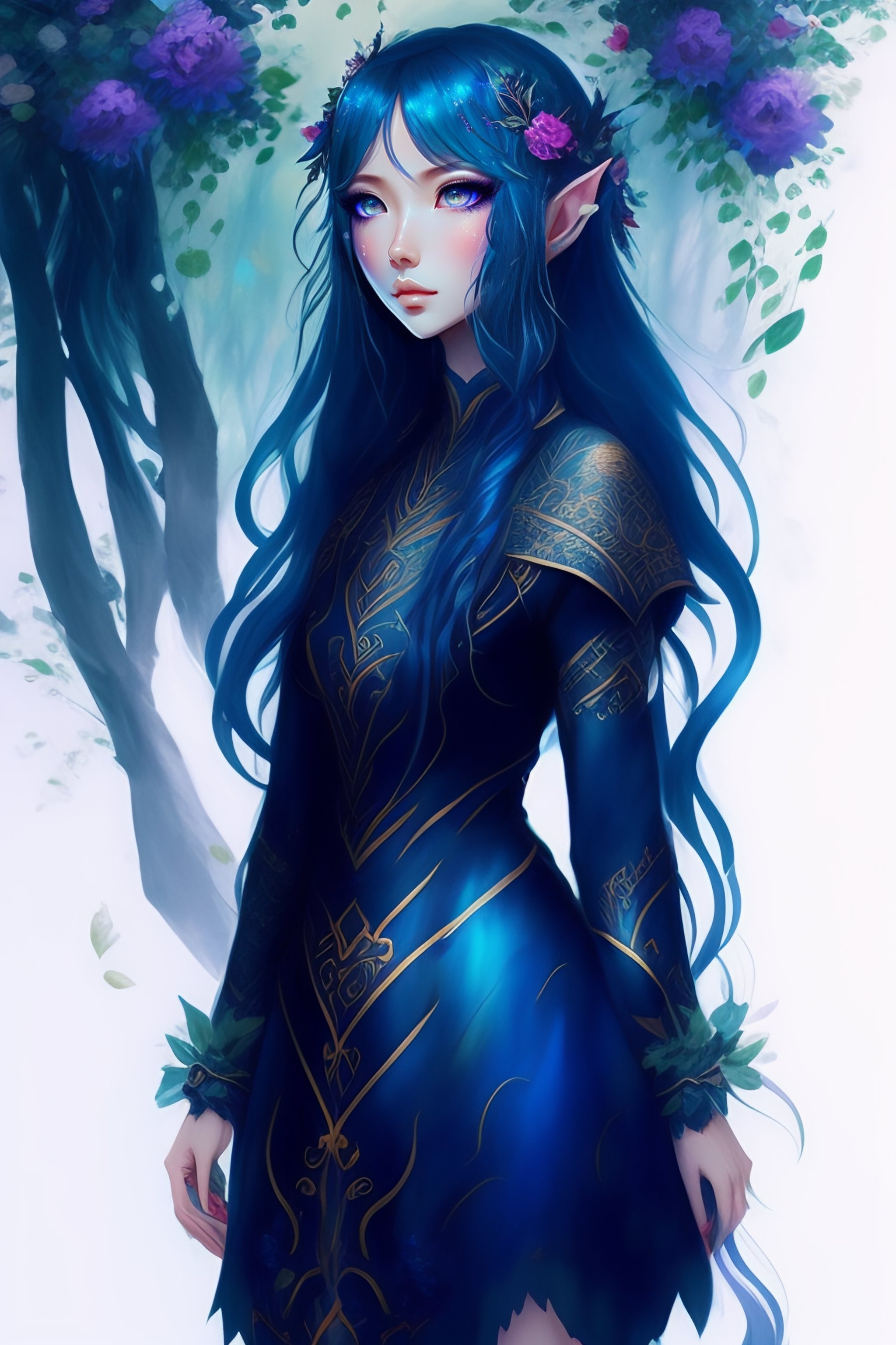 Lexica - Forest elf dress concept art, dark blue palet color, flowers  pattern, anime style