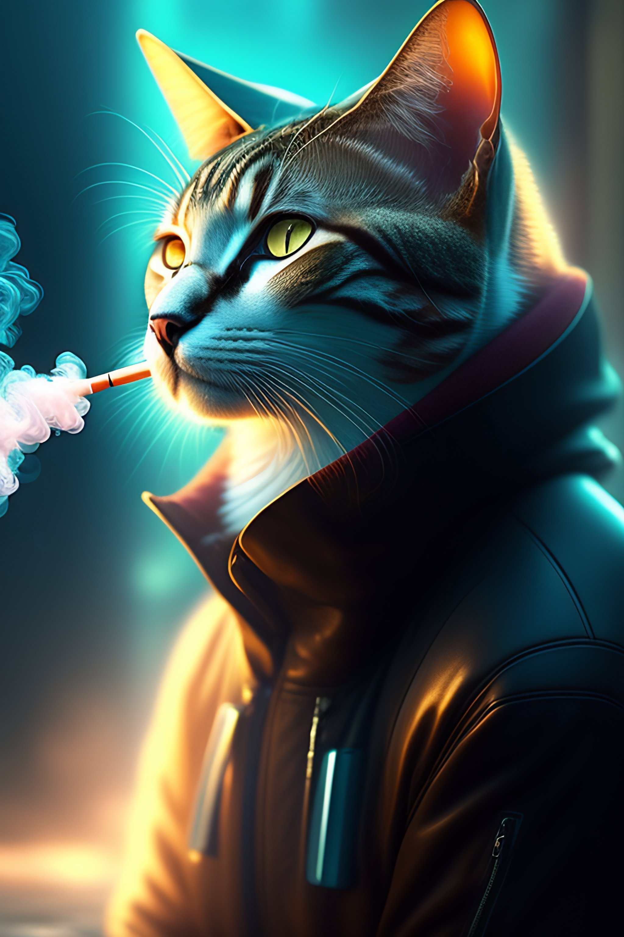 Lexica - Cat smoking cigarette, cyberpunk style