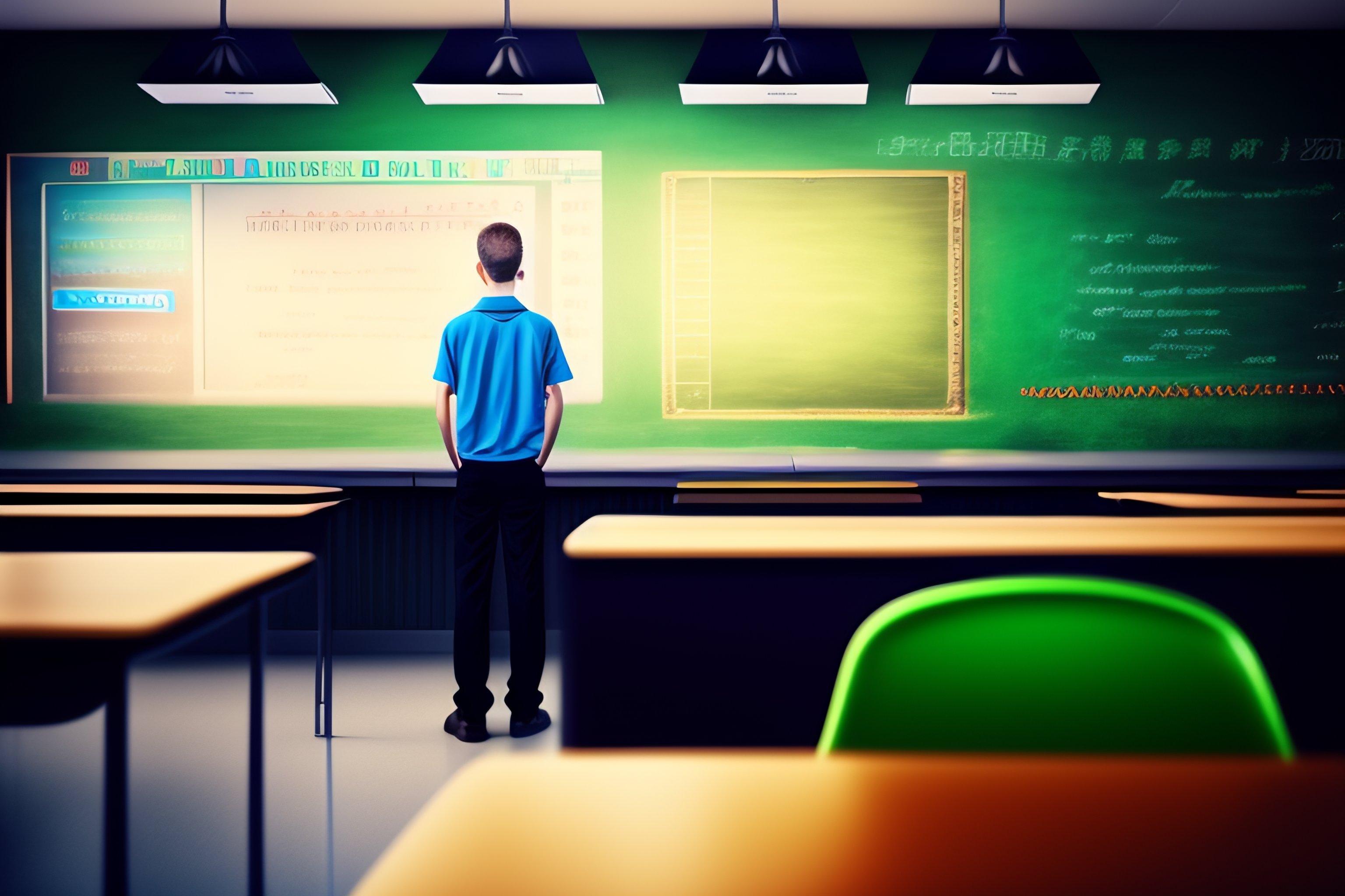 Lexica - A student standing in a classroom with blackboard behind him ...
