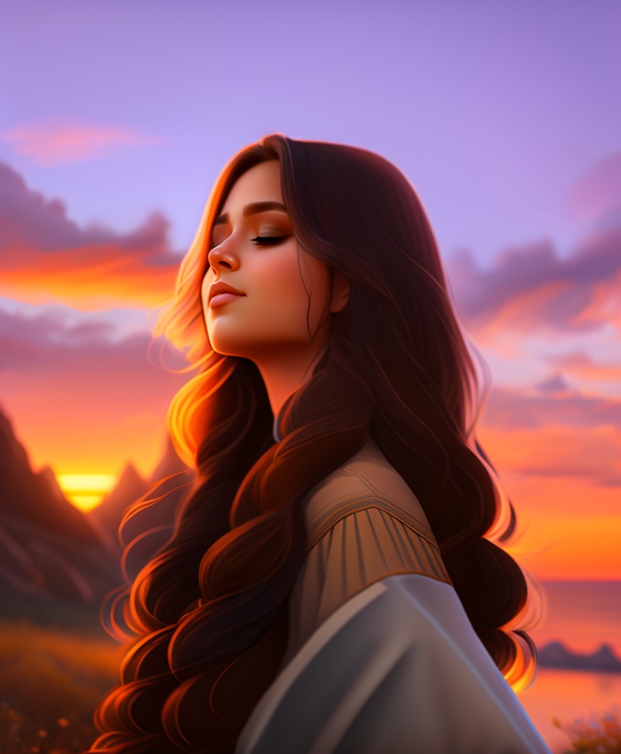 Lexica - A brown long haired girl, with eyes closed, facing away from ...
