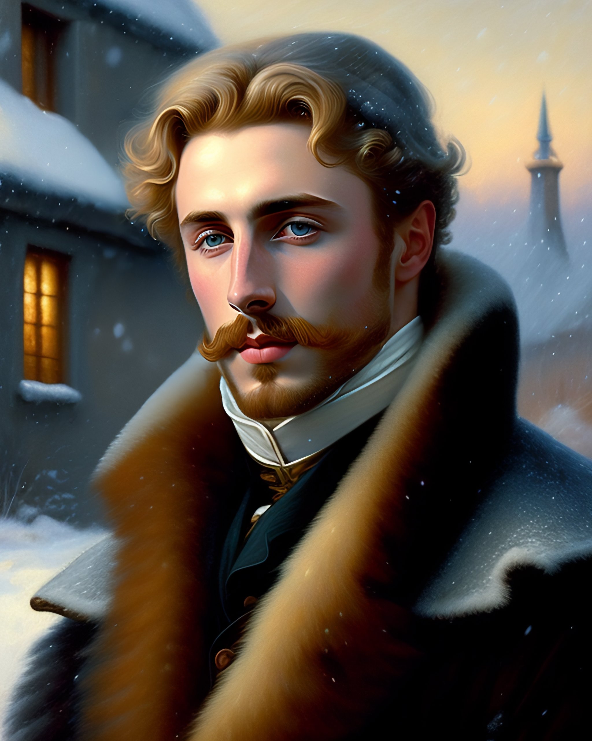 Lexica - Aaron Taylor-Johnson blonde as Georges Duroy under a snowfall.  19th century, france