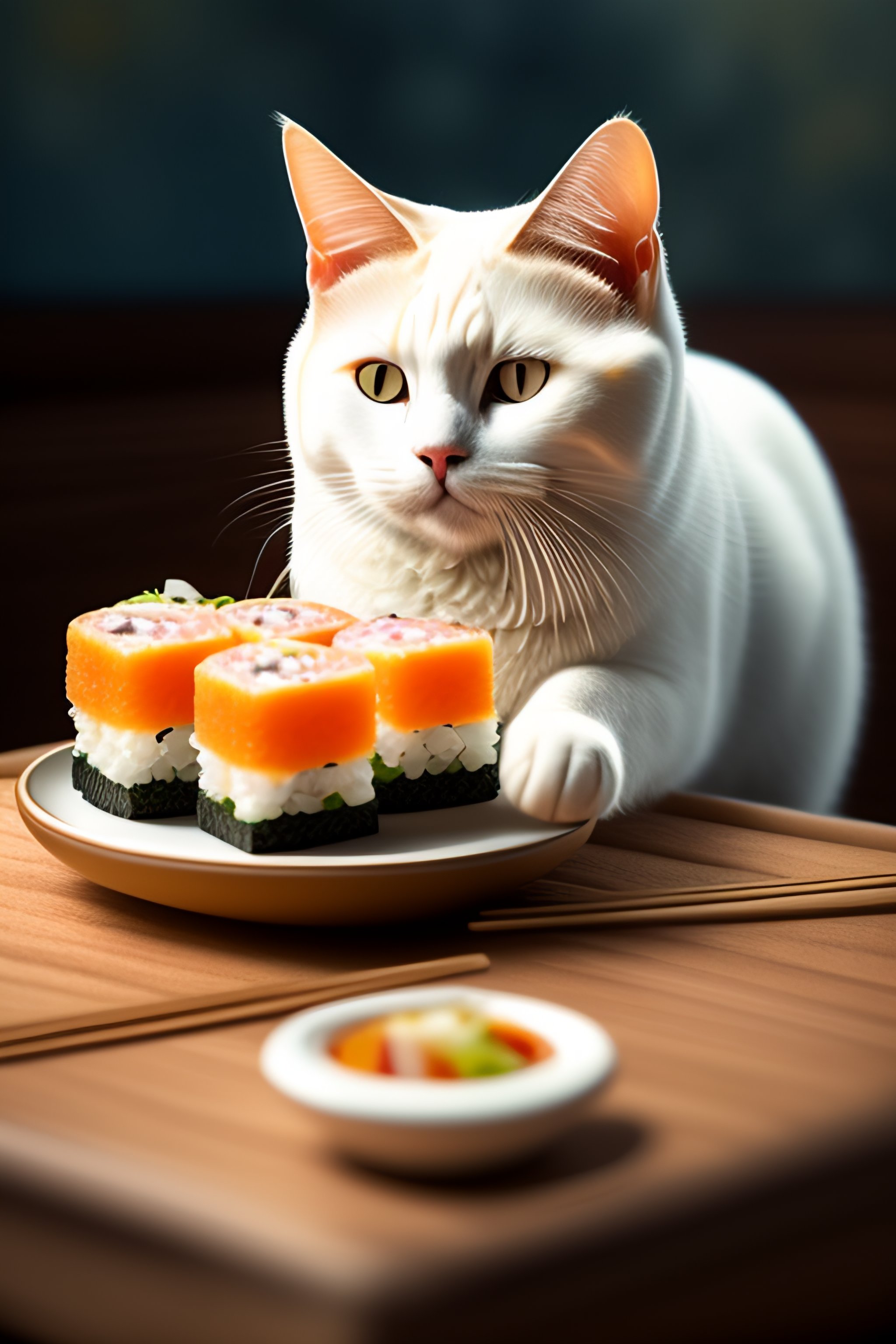 Lexica White cat eating sushi