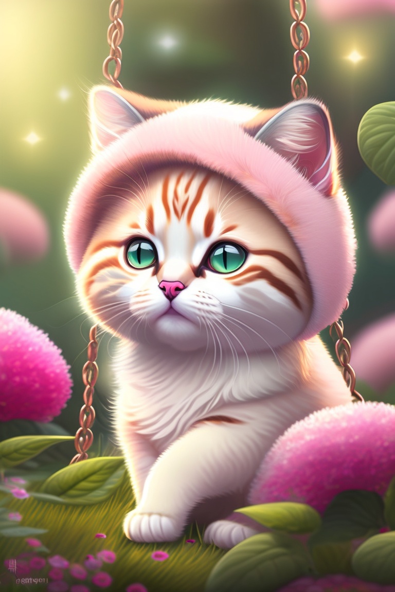 Lexica Cute little cat, white fur, pink eyes are in the flower garden
