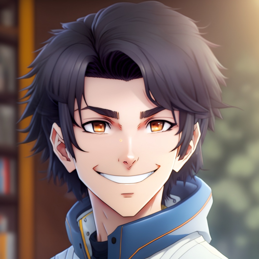 Lexica - A young white boy with mullet Black hairstyle,anime, smiling
