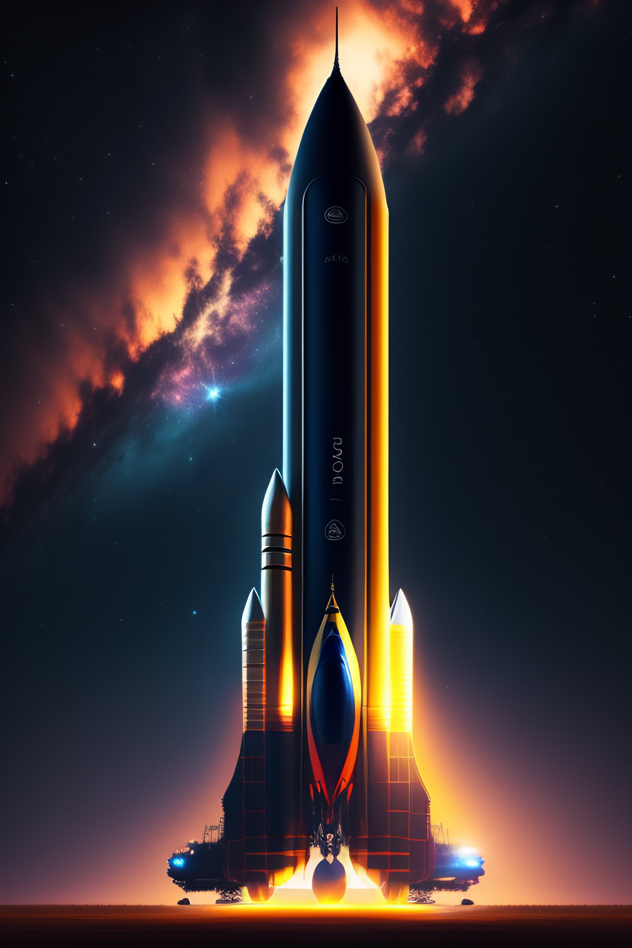 Lexica - Sleek space rocket going to the launchpad. dark stary night
