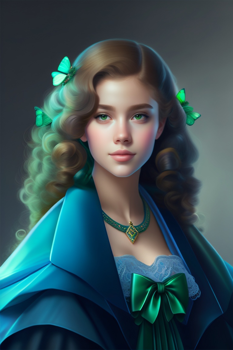 Lexica - Young women with wavy hair, green yeys, in a blue cloak and a ...