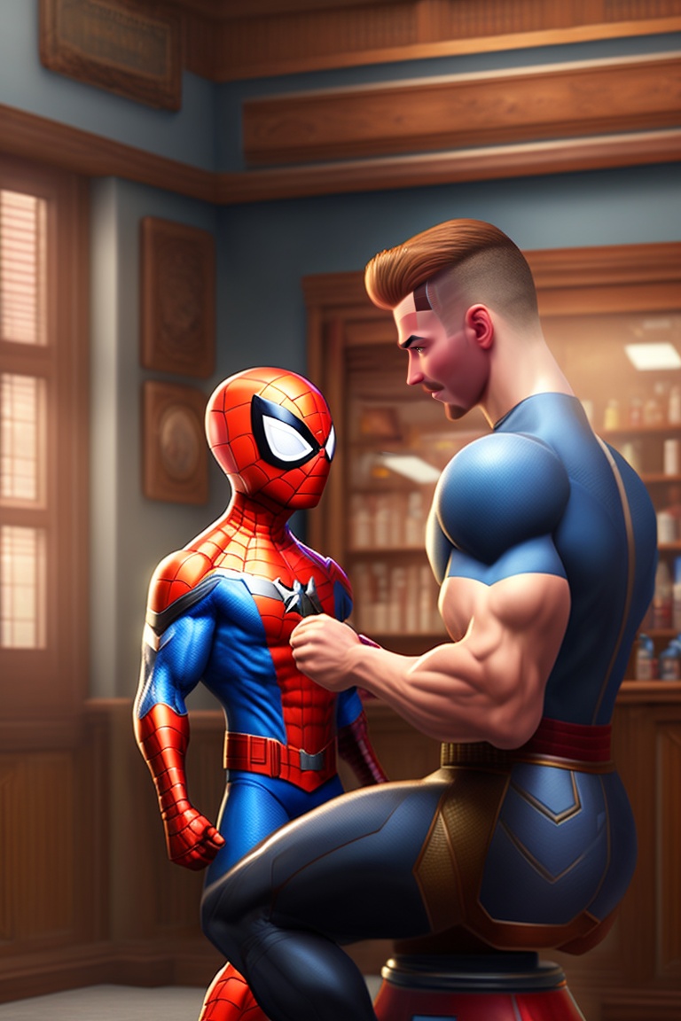 Lexica - Spiderman giving a haircut to a fellow superhero, such as Captain  America or Iron Man, in his barbershop.