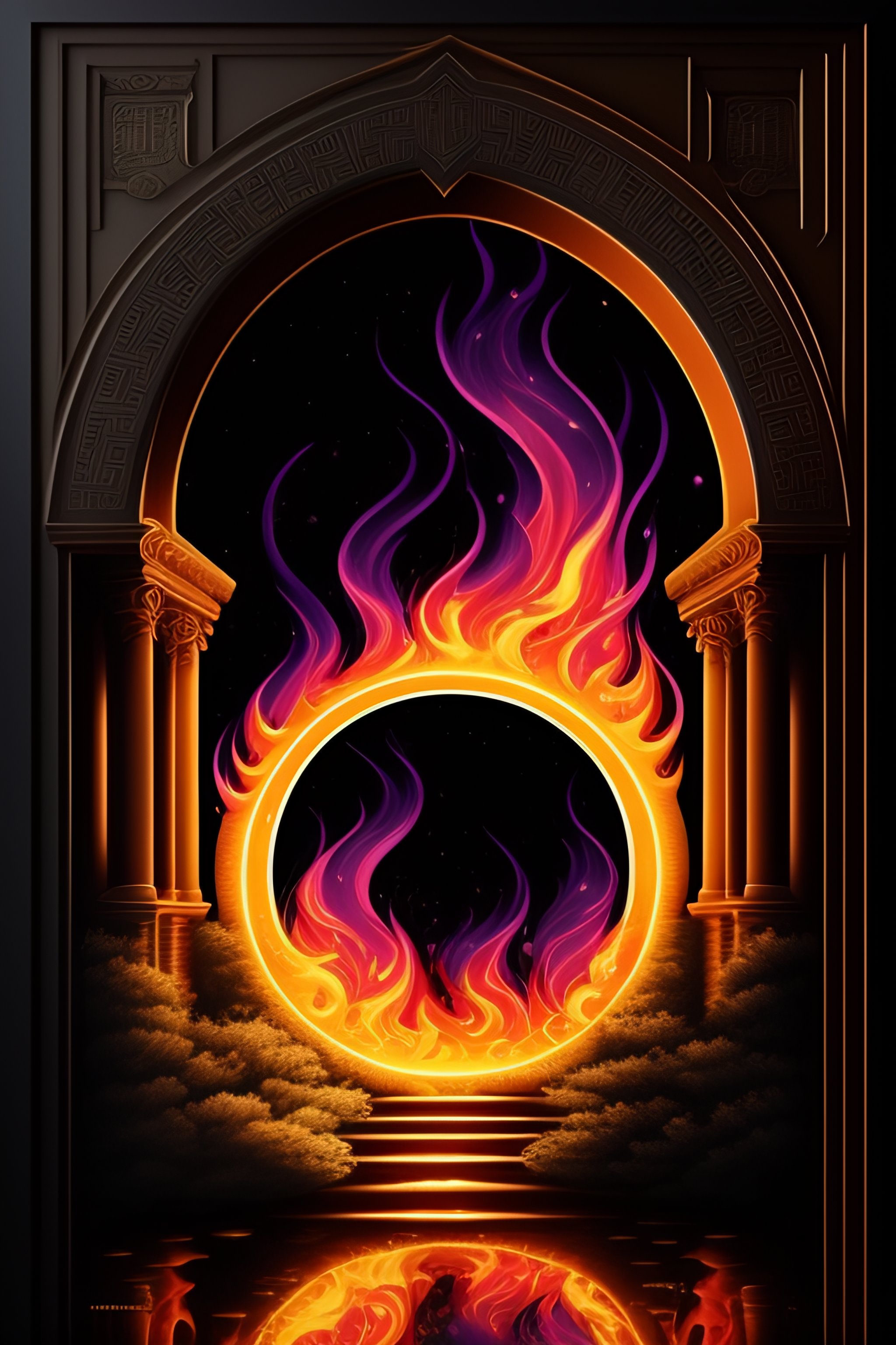 Lexica - Greek flaming portal, detailed black and white drawing, border