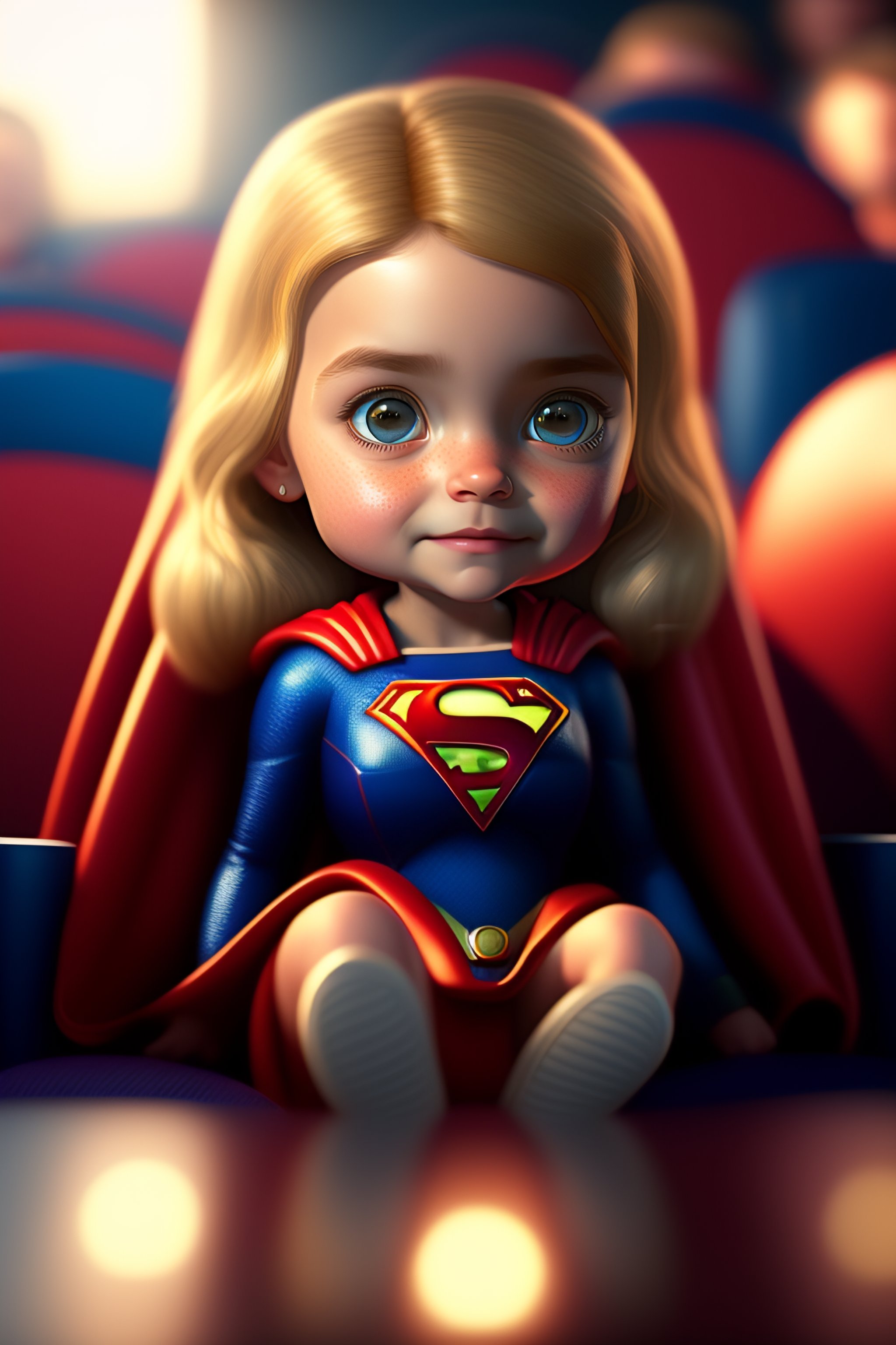 Lexica - Cute small supergirl sitting in a movie theater watching a ...