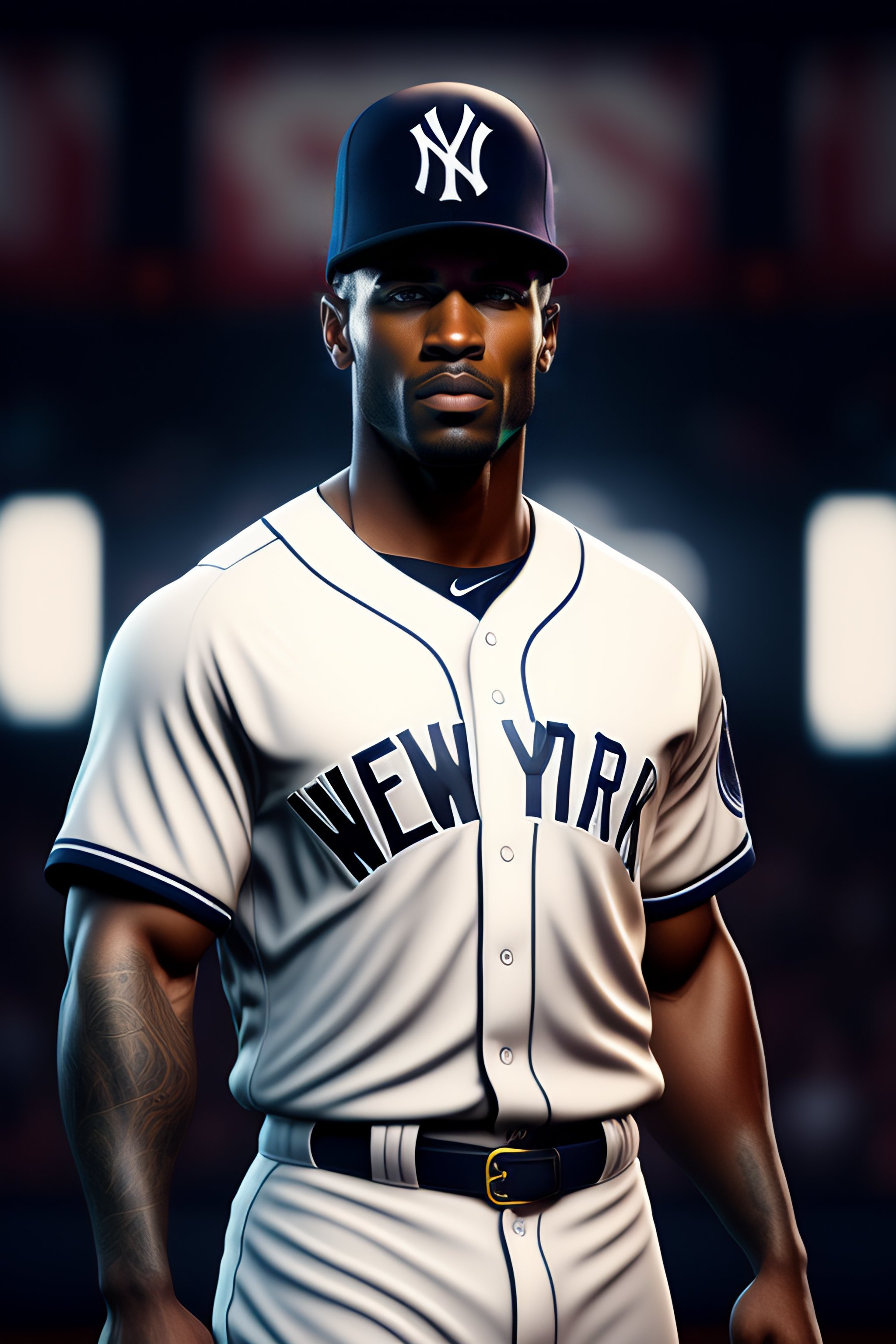 Lexica - Black and whithe New York Yankees uniform with BLACK AND ORANGE  DOUBLE STRIPES, unreal engine, cozy indoor lighting, artstation, detailed,  c