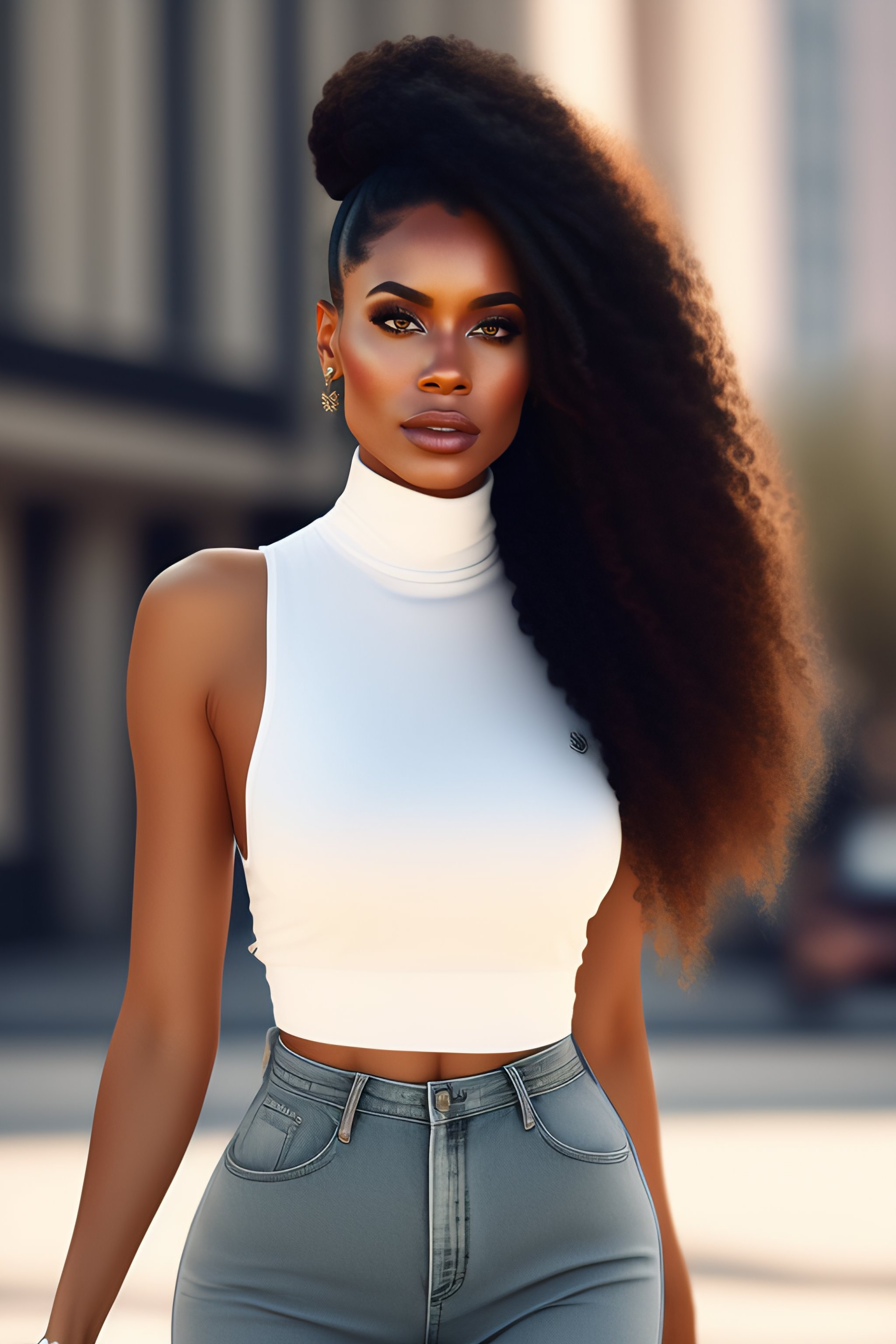 lexica-mixed-race-woman-in-white-sleeveless-turtleneck-t-shirt-and-jeans
