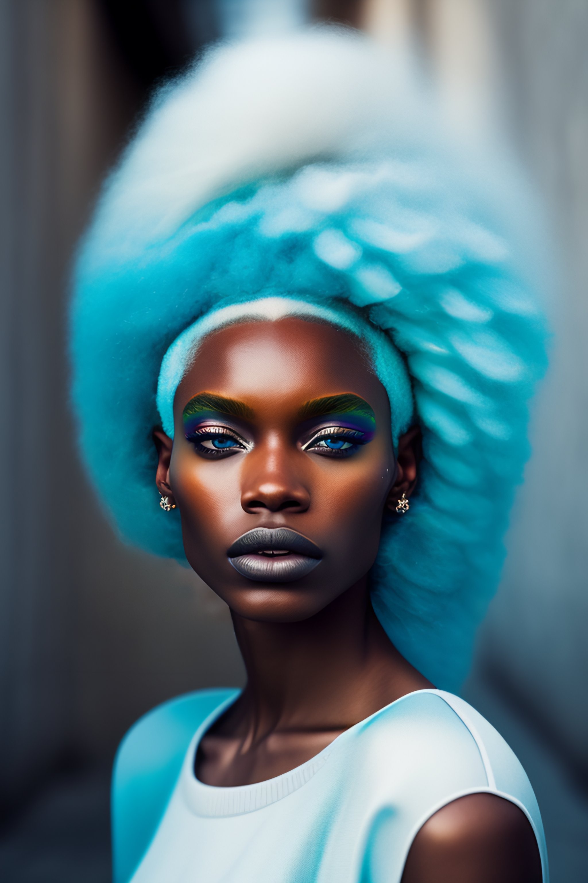 Lexica - Portrait of haute couture beautiful albino african american fashion  model with pale blue hair, ethereal dreamy foggy, photoshoot by Alessio