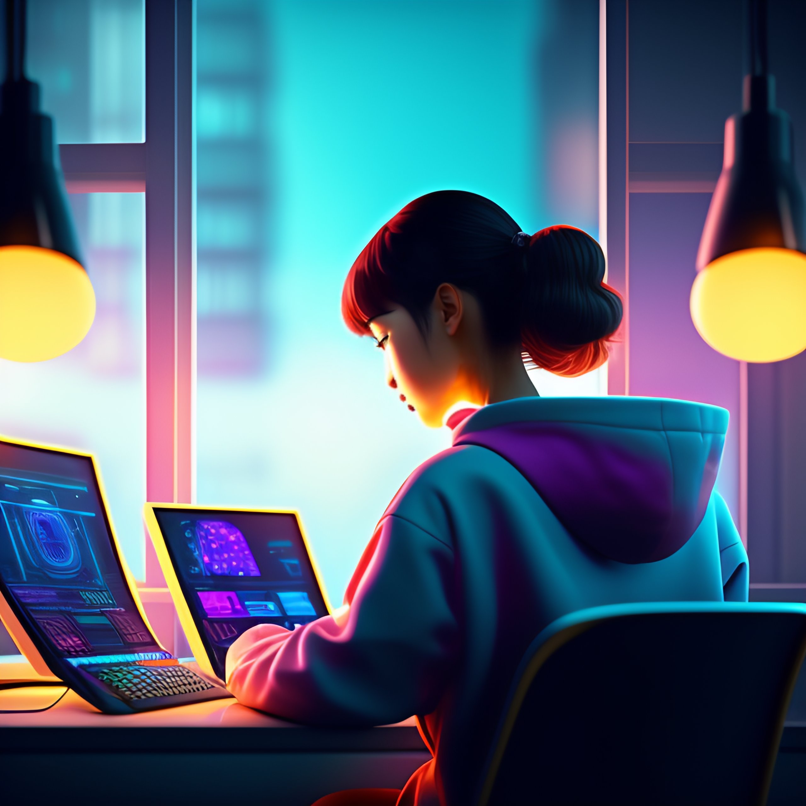 Lexica - A girl working on a computer in a small room with a big window ...