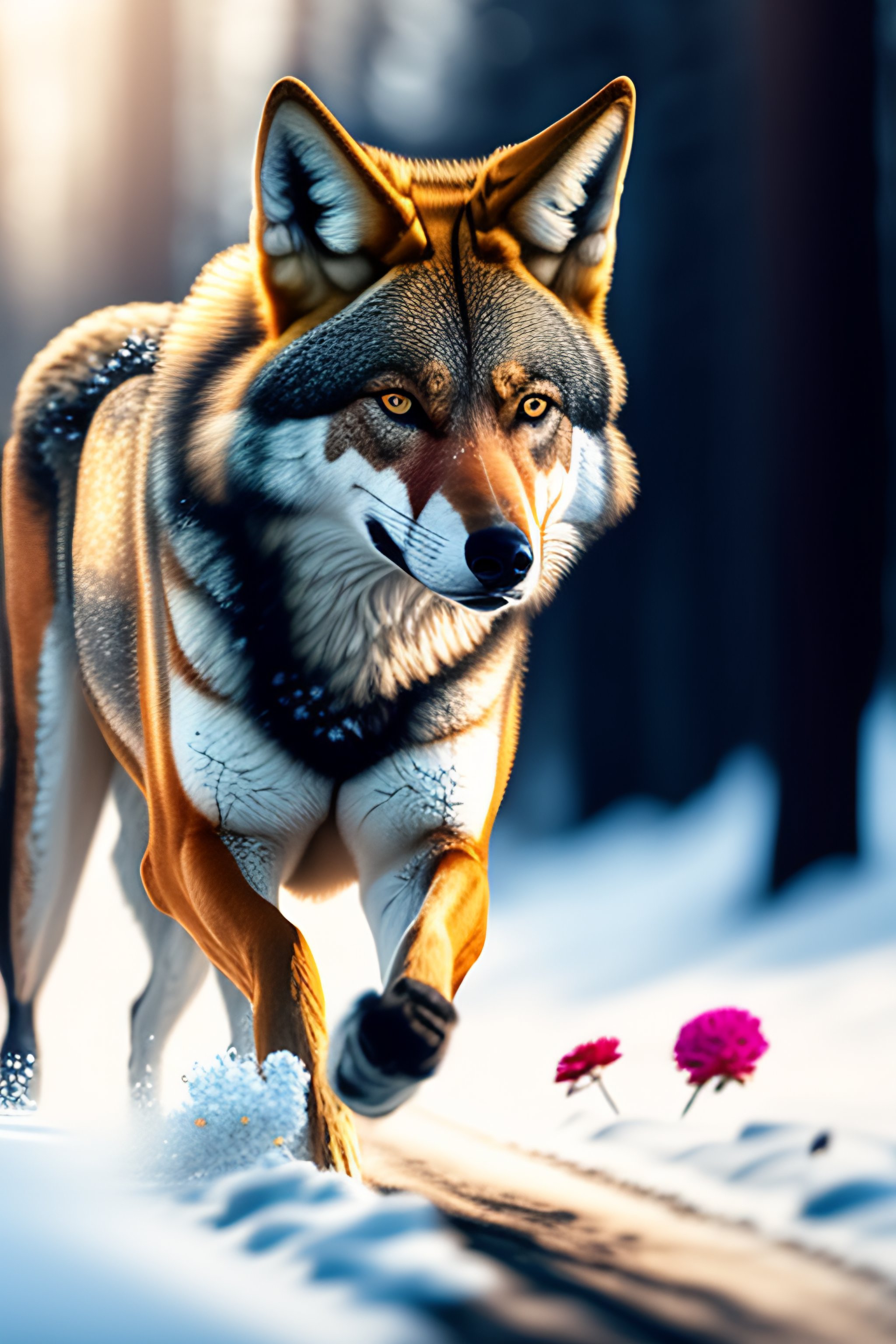 Lexica - A red wolf running on the snow with flowers on his neck