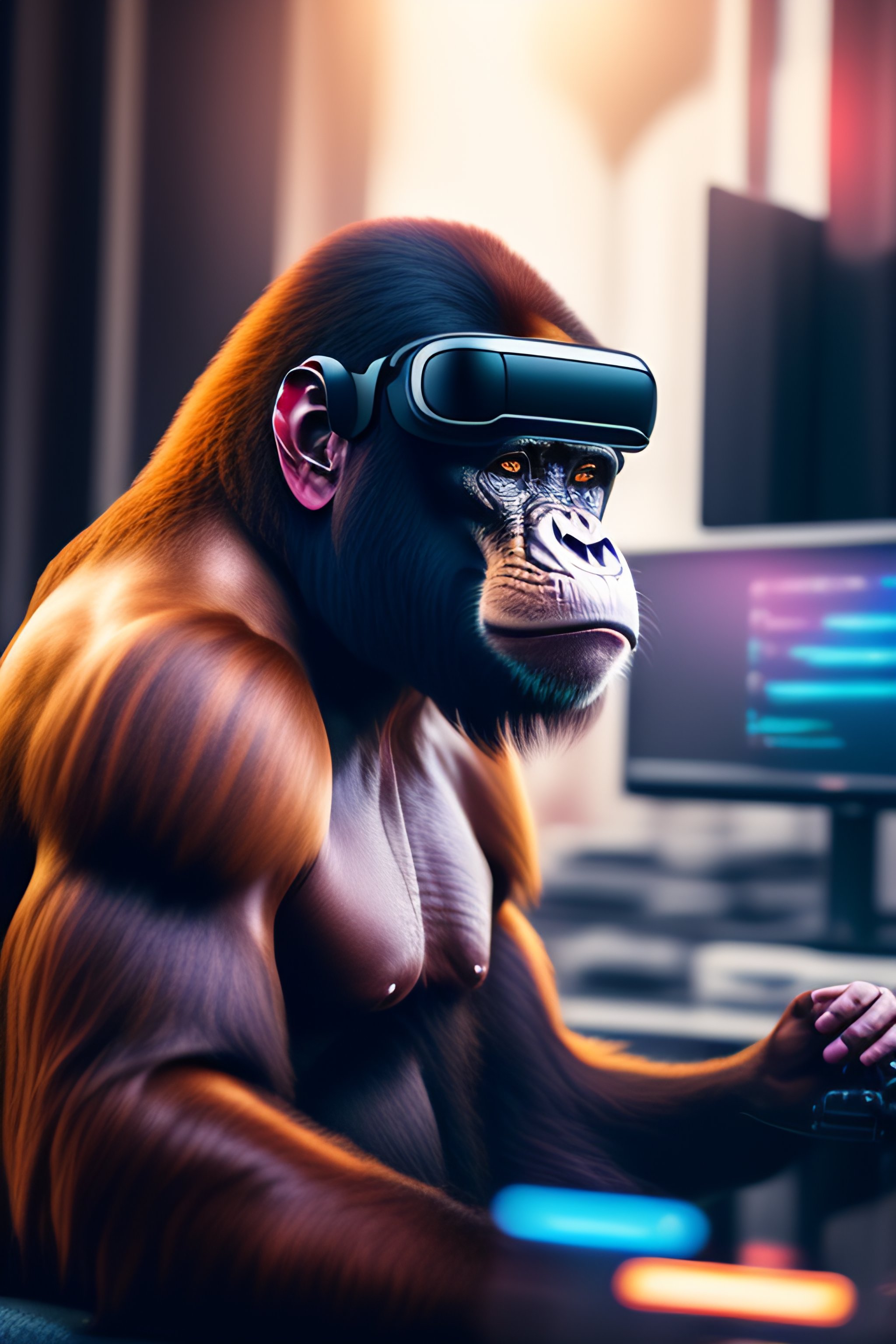 Lexica - A realistic image of bored ape from bayc wearing futuristic VR