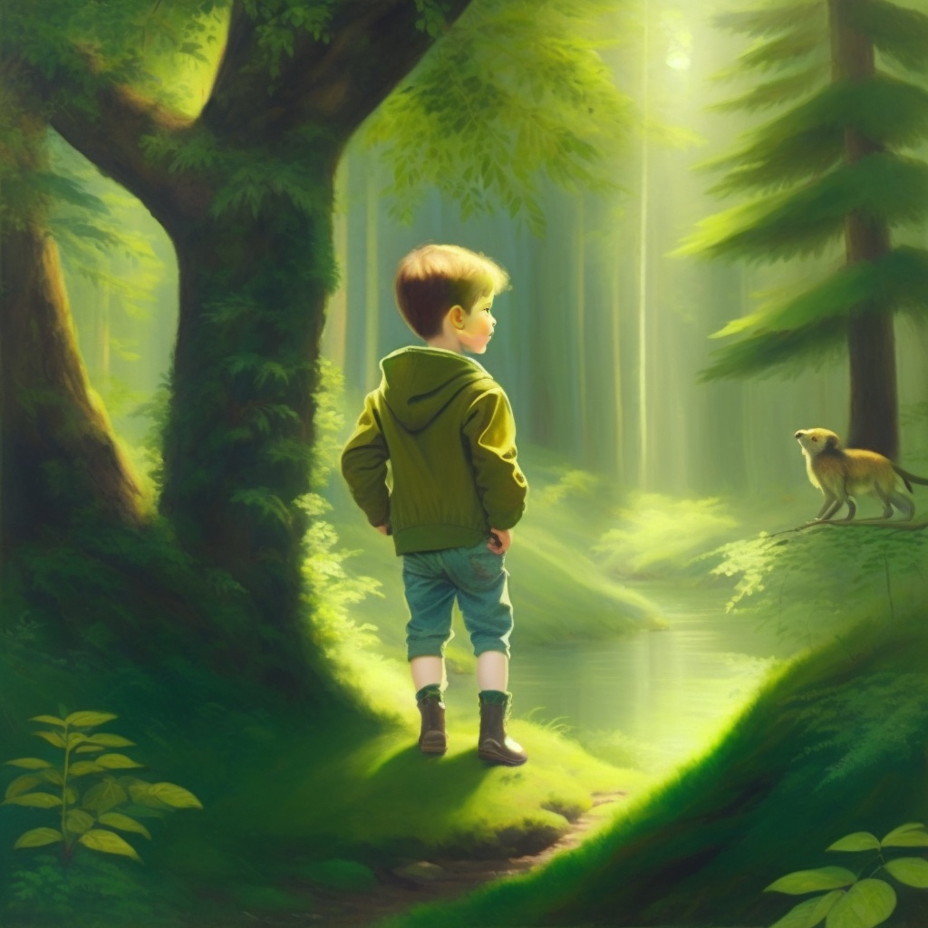 Lexica - In a lush forest, a painting depicts a boy in the arms of ...