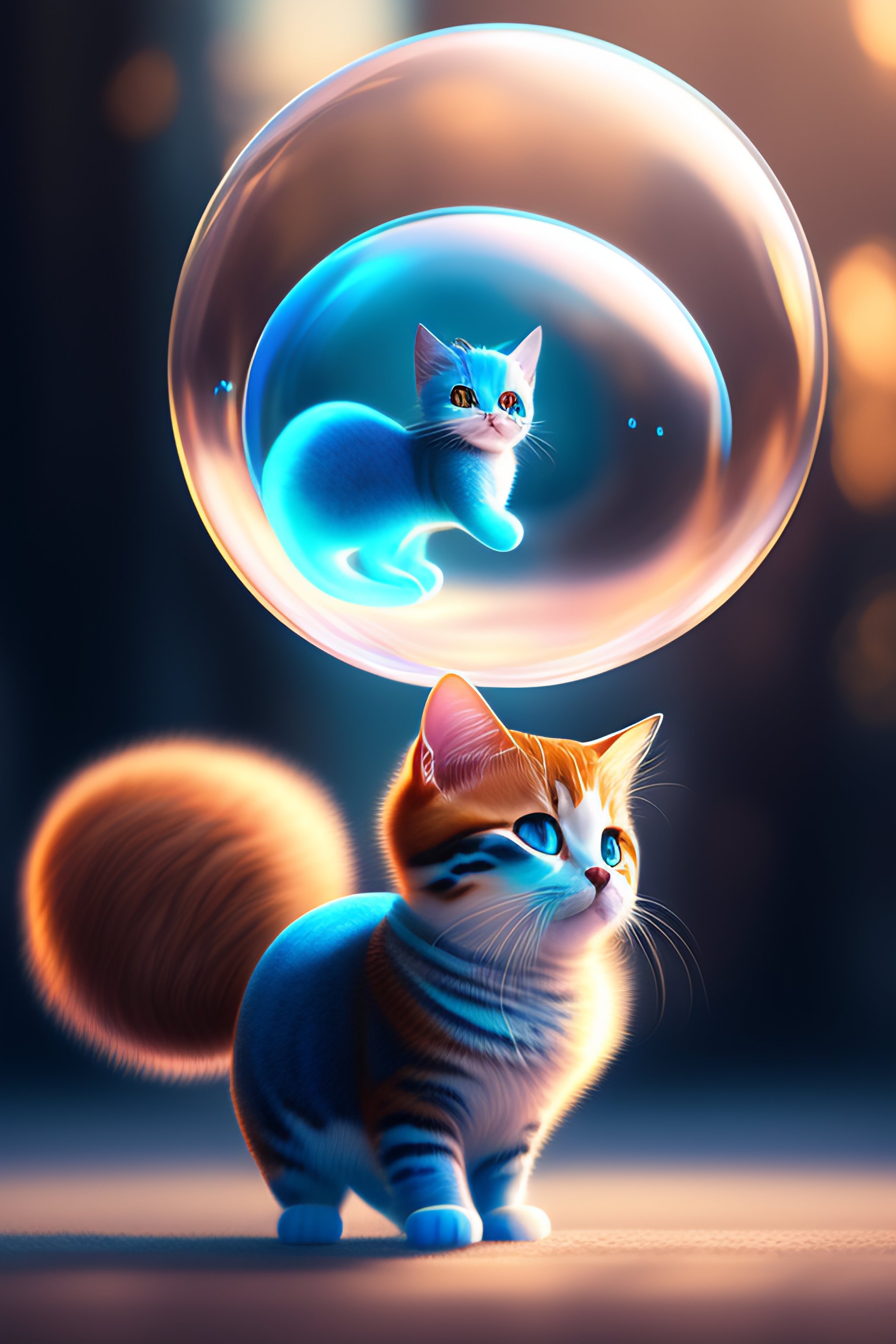 Lexica - Cinematic portrait of cute mew riding large blue bubble, oil ...
