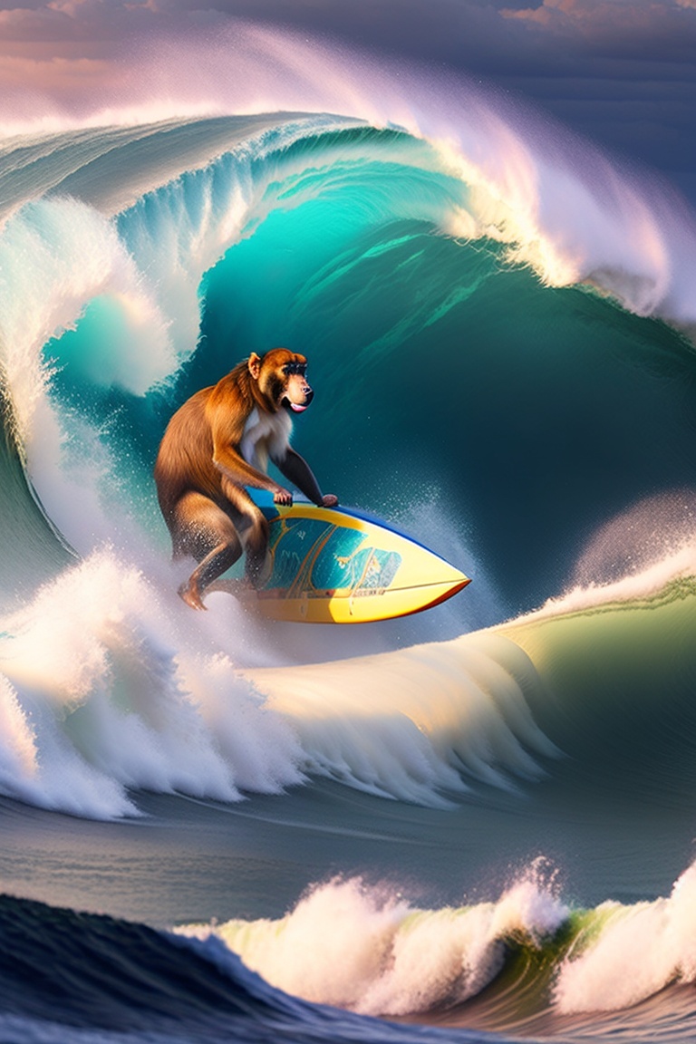Lexica - A giant monkey surfing a giant wave, wearing a dress during a ...