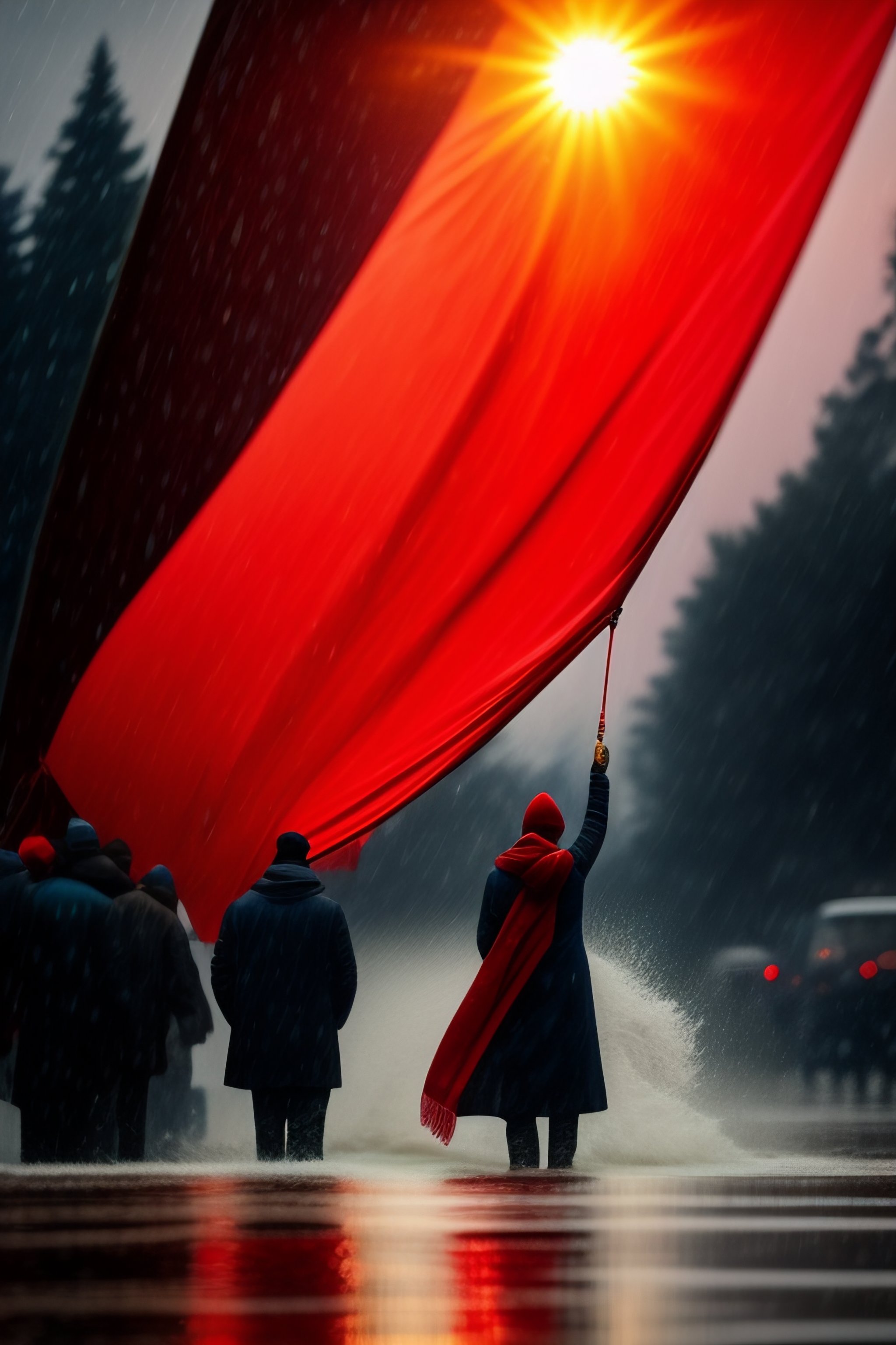 Lexica - People raising red scarves to the sun as it rains champagne
