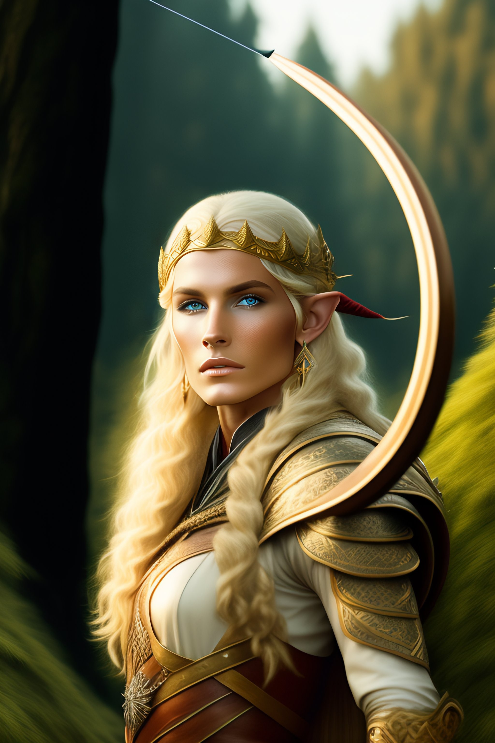 Lexica - Midjourney style, A blond elf with bow and arrow in a wood